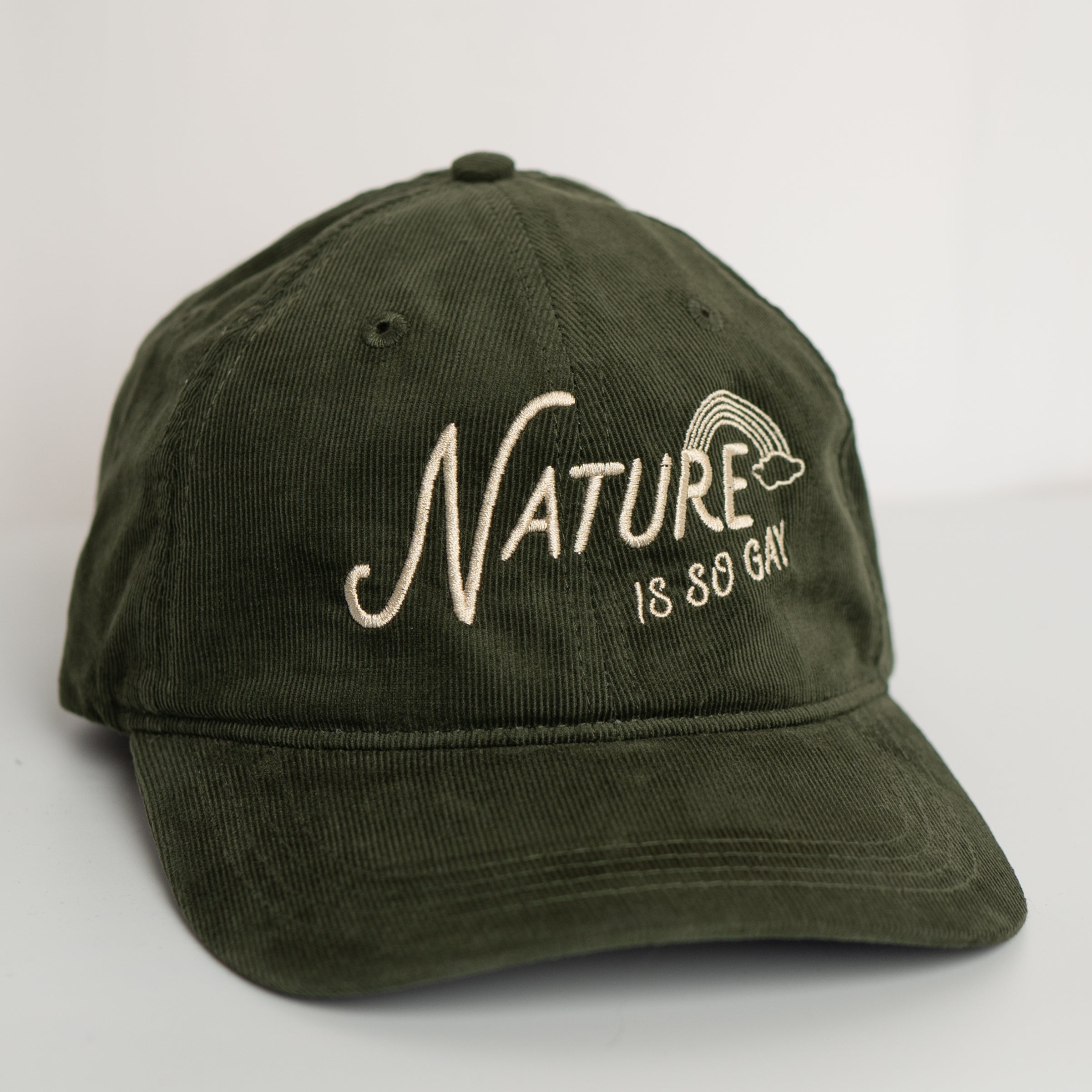 Nature Is So Gay corduroy hat in Army — androgynous LGBTQ+ outdoor accessory