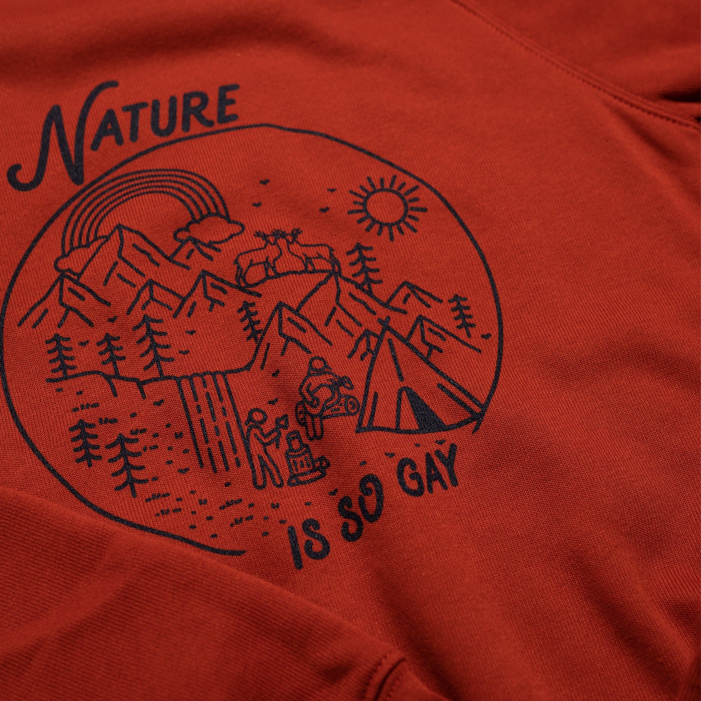 Nature Is So Gay pullover sweatshirt in Rust — androgynous crewneck for queer and non-binary style