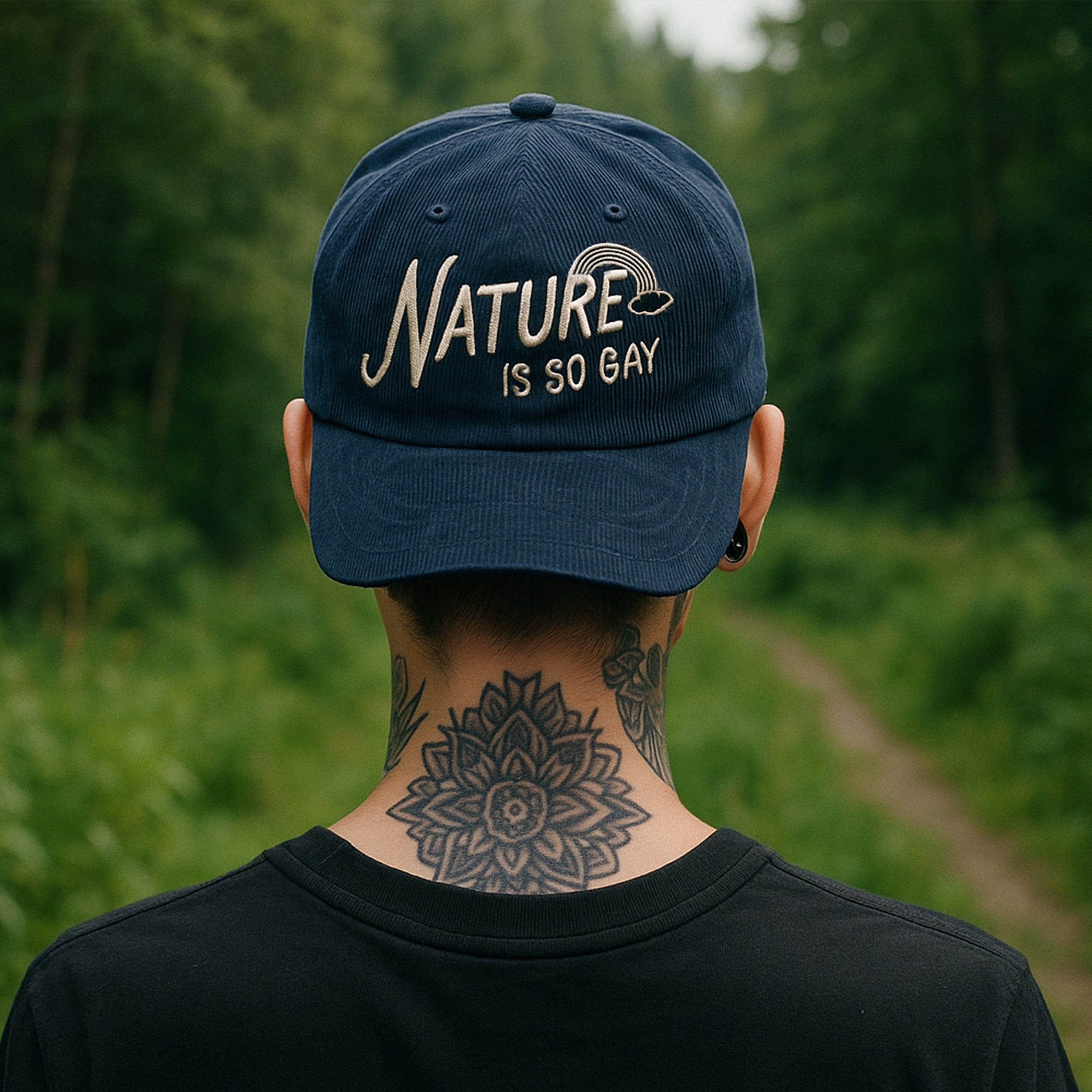 Nature Is So Gay corduroy hat in Navy — queer outdoor LGBTQ+ accessory