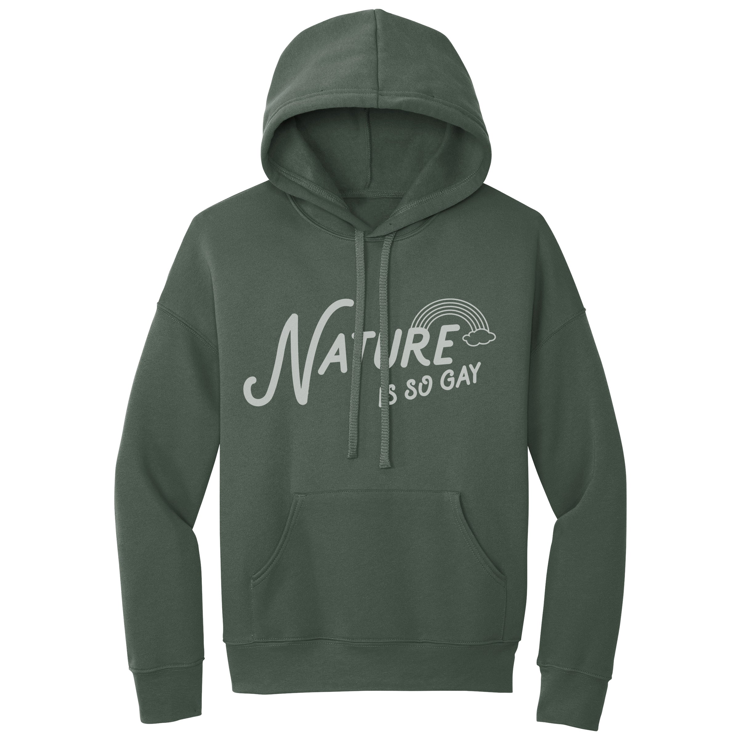 Nature Is So Gay Pullover Hoodie in Army — Androgynous Fox gender neutral hoodie for queer style