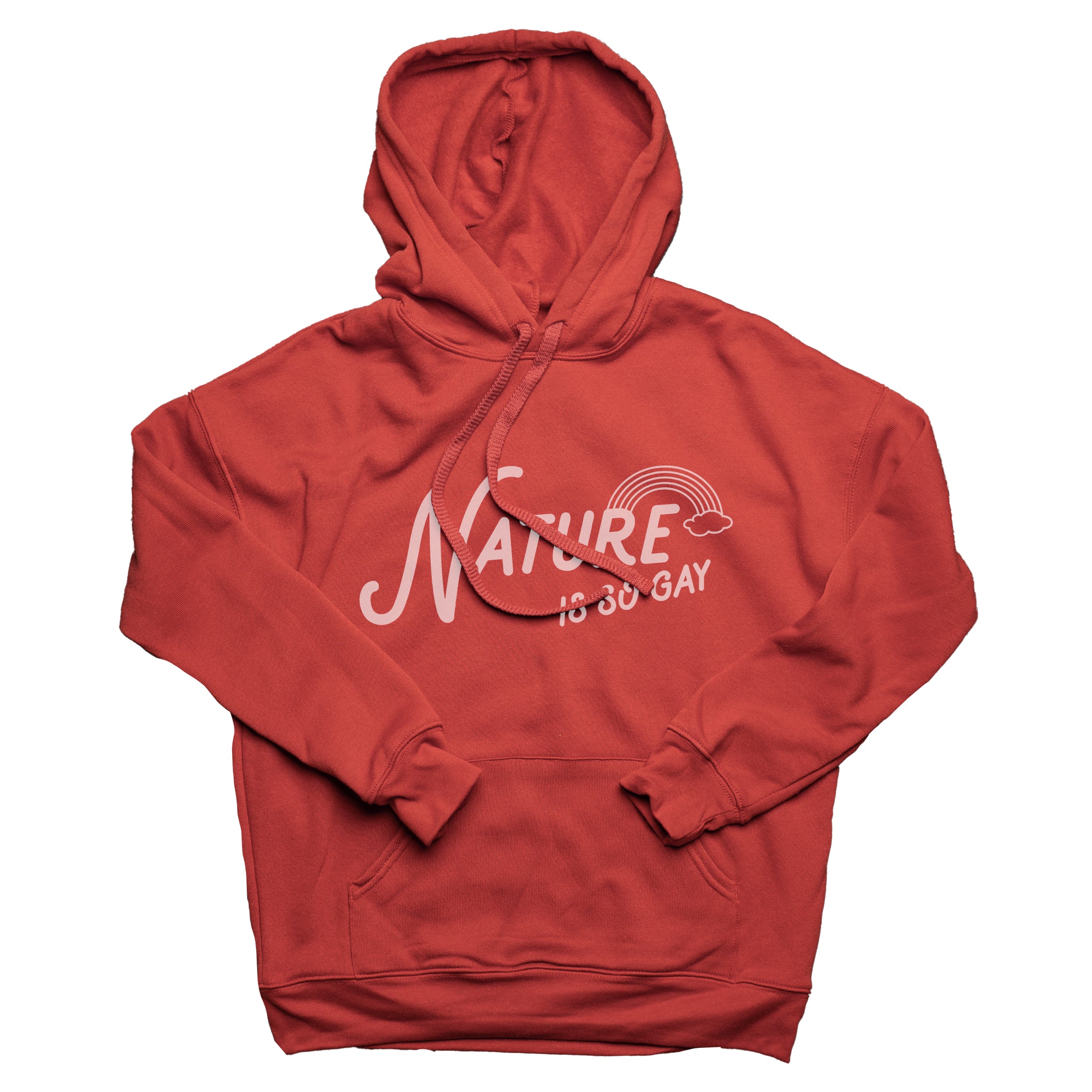 Nature Is So Gay Pullover Hoodie in Rust — Androgynous Fox gender neutral hoodie for queer style