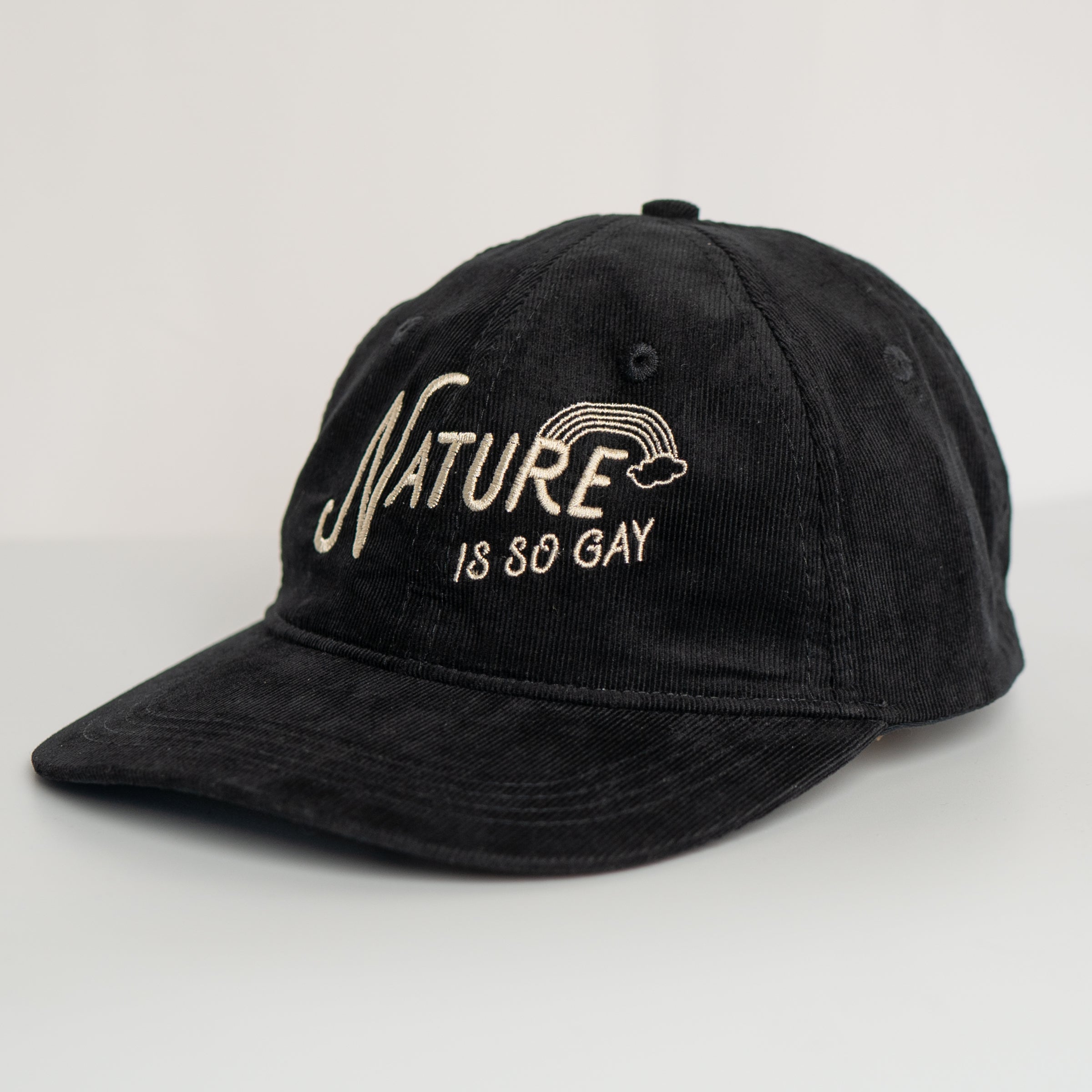 Nature Is So Gay corduroy hat in Black — non-binary queer outdoor hat