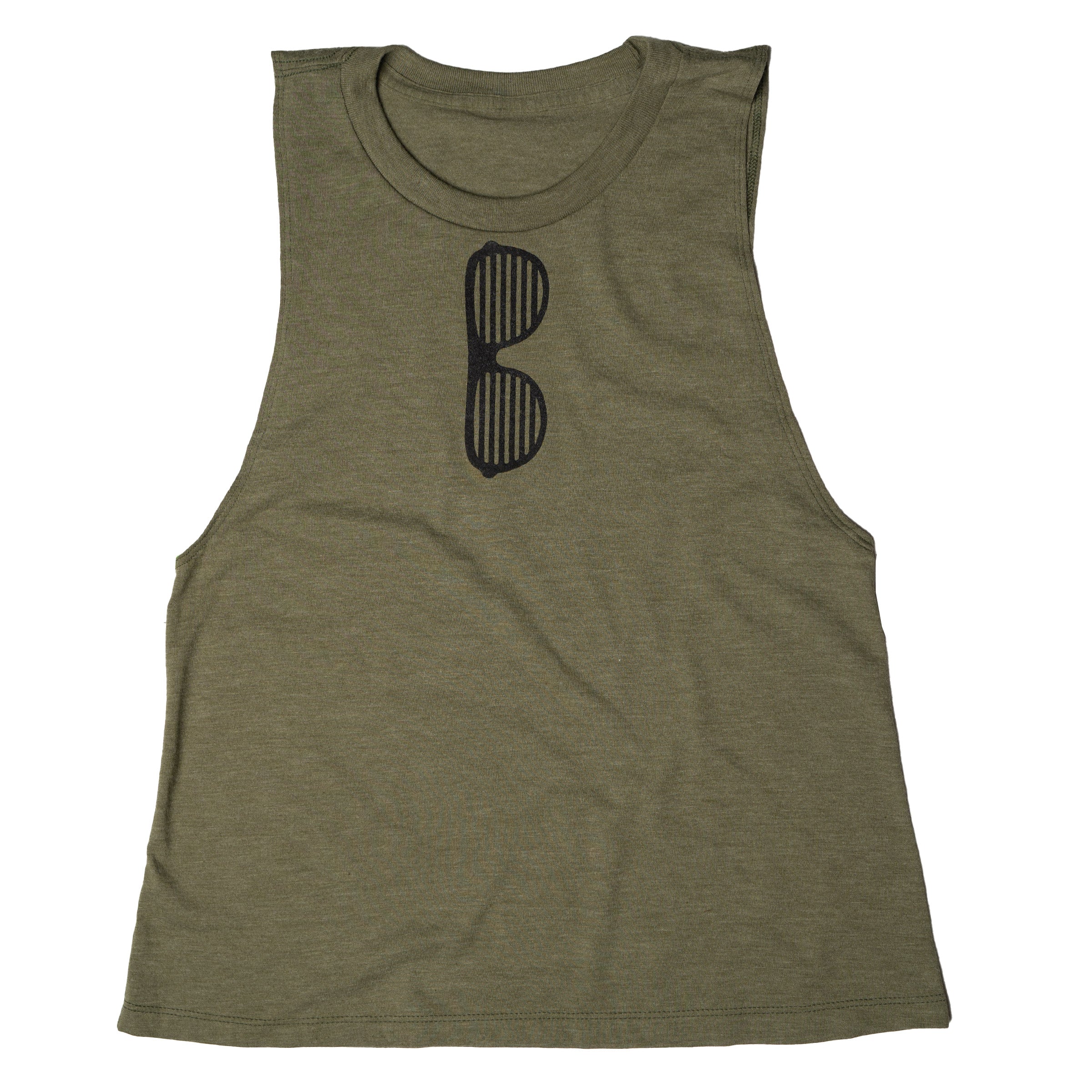 Shady Muscle Tank in Army with black shutter shades print — gender neutral muscle tank by Androgynous Fox