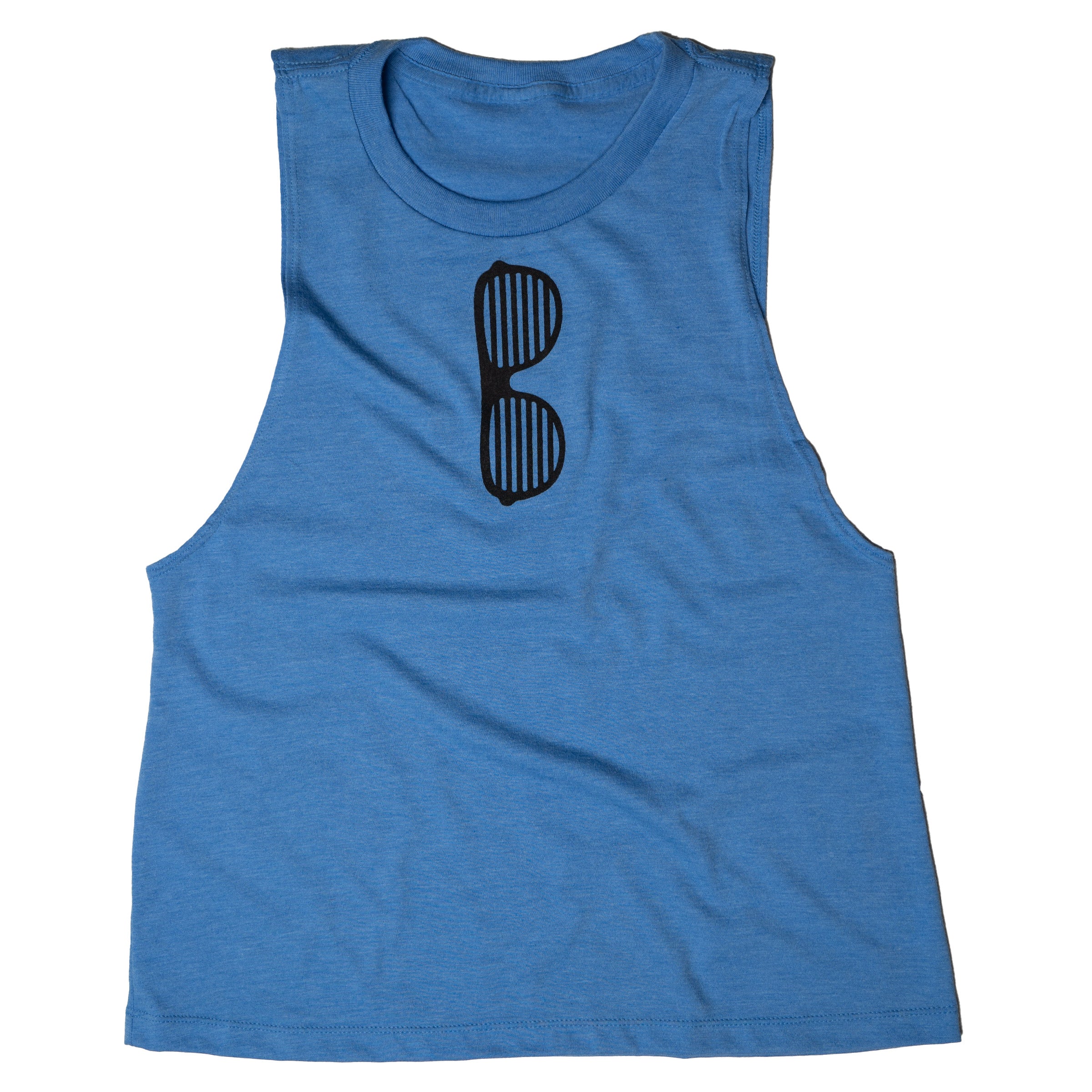 Shady Muscle Tank in Cobalt blue with shutter shades print — androgynous graphic tank top