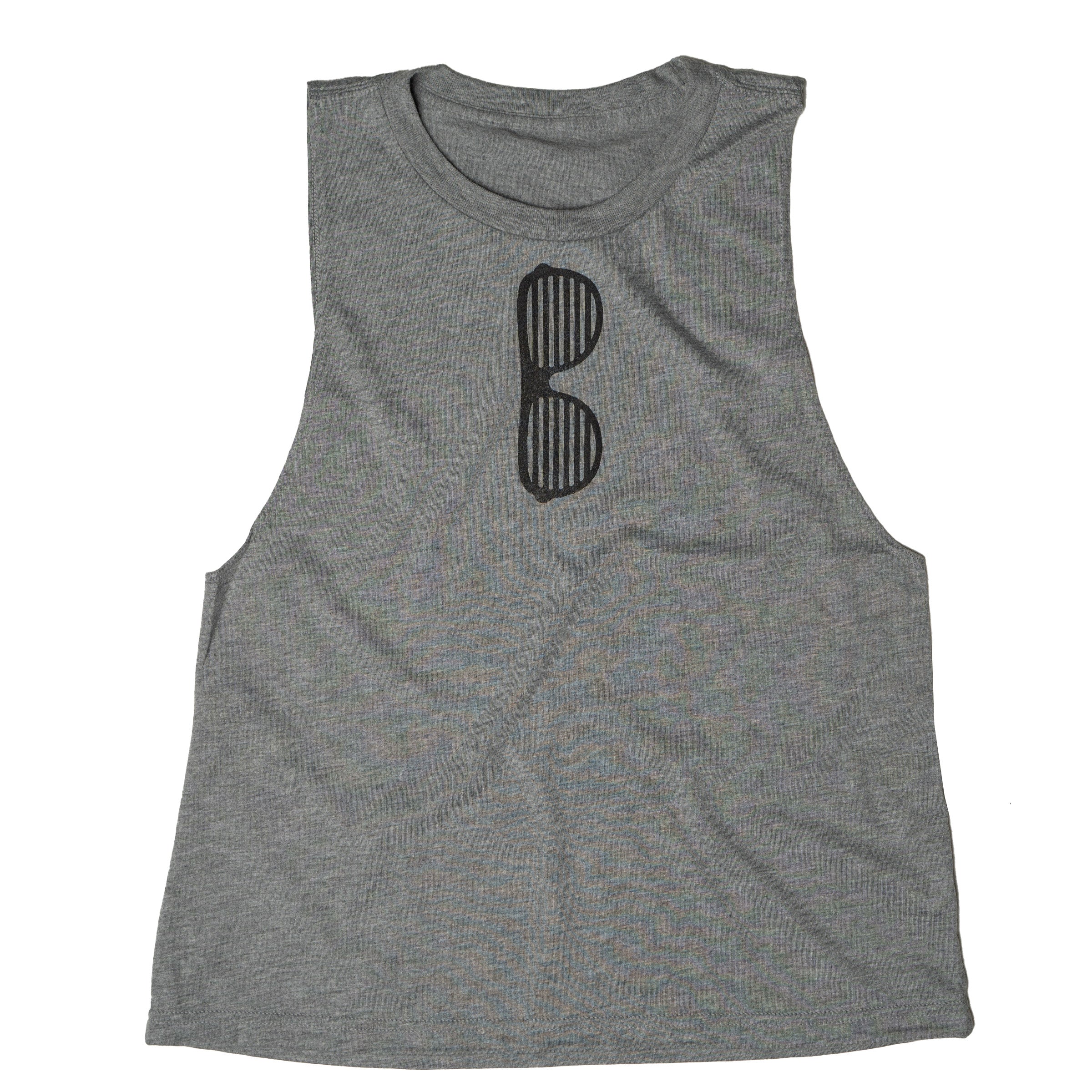 Shady Muscle Tank in Grey with black shutter shades print — sustainable gender neutral tank top
