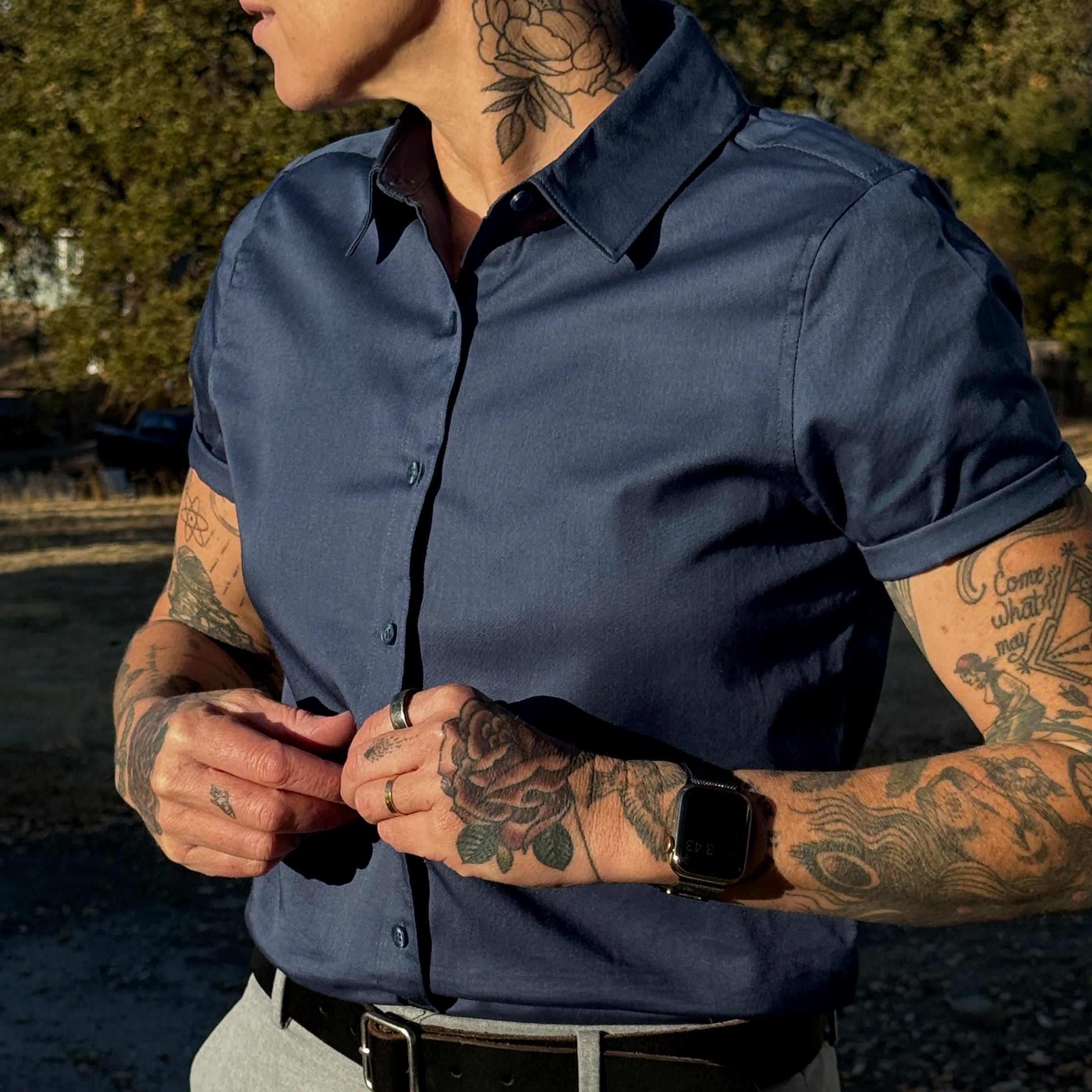 Swift Fox Twill Button Up Short Sleeve on model — Androgynous Fox unisex dress clothes