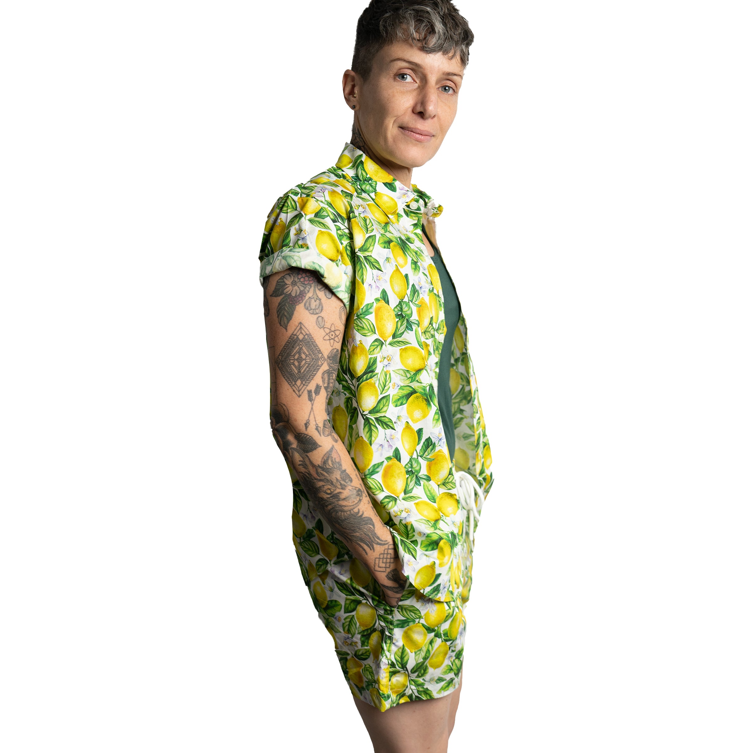 Zinger V2 Shorts in Lemon with matching button up on model — Androgynous Fox gender neutral shorts