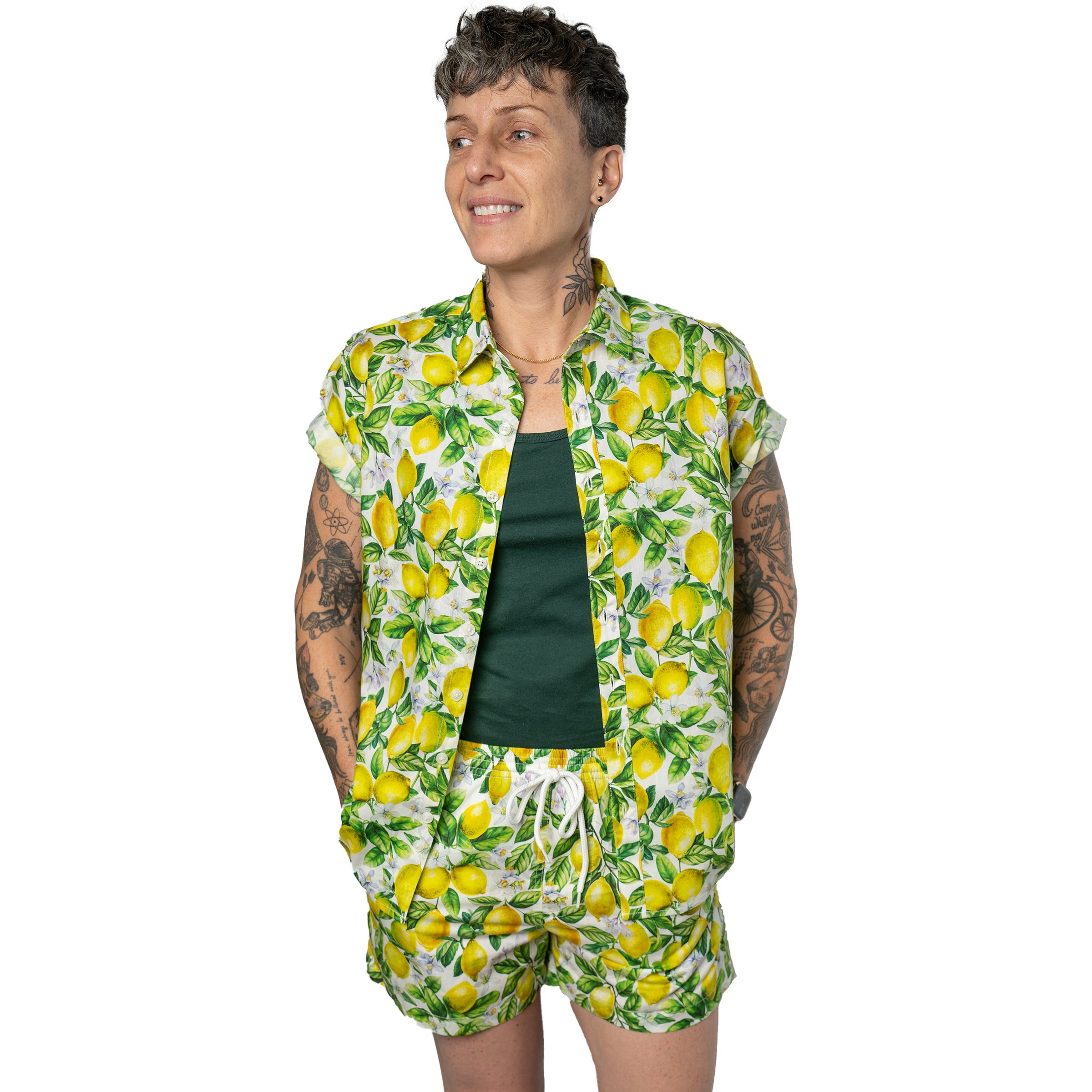 The Zinger V2 Lemon button-up and matching shorts coordinated set — gender neutral queer summer outfit