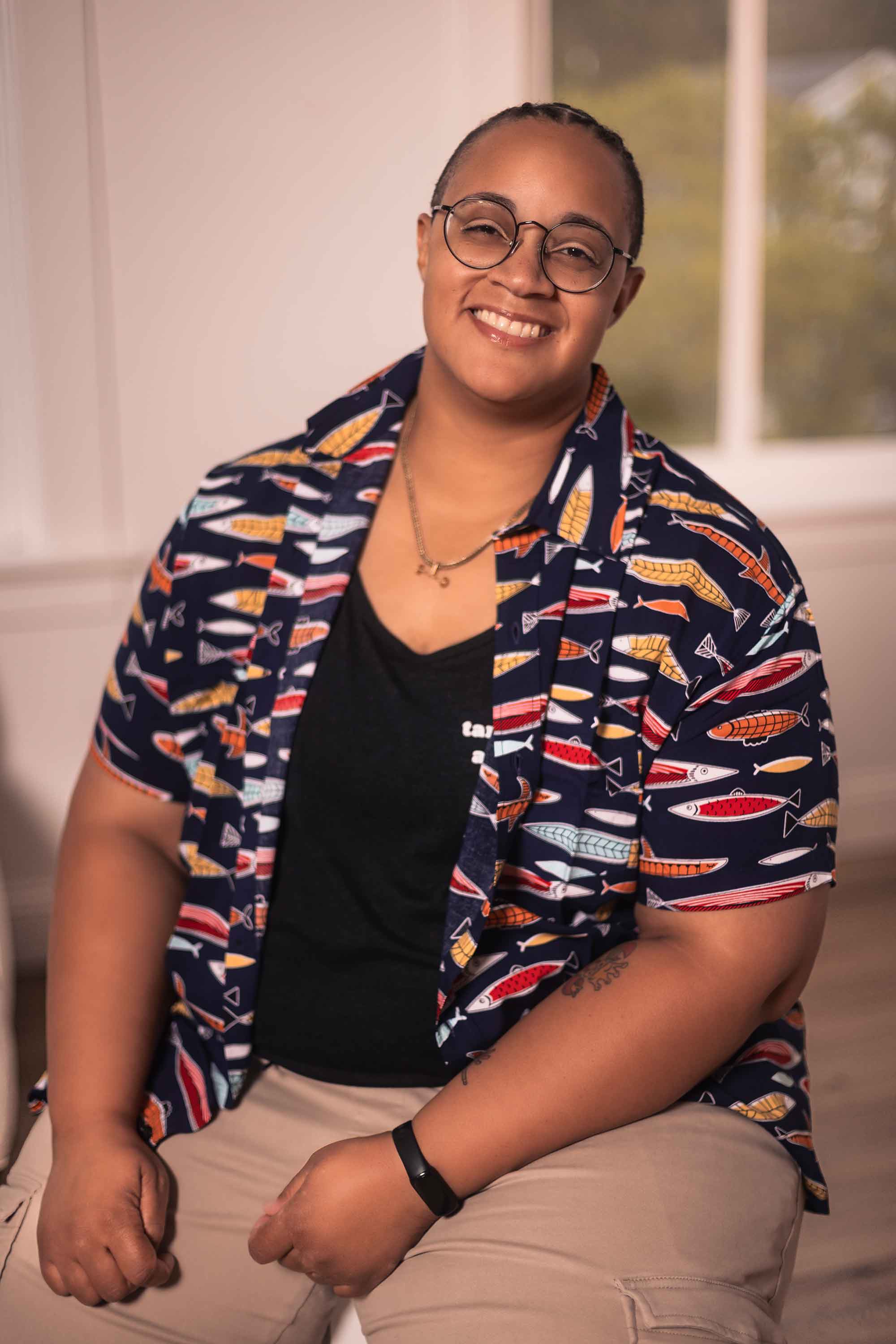 The Upstreamer short sleeve button-up on model — androgynous gender neutral dress shirt