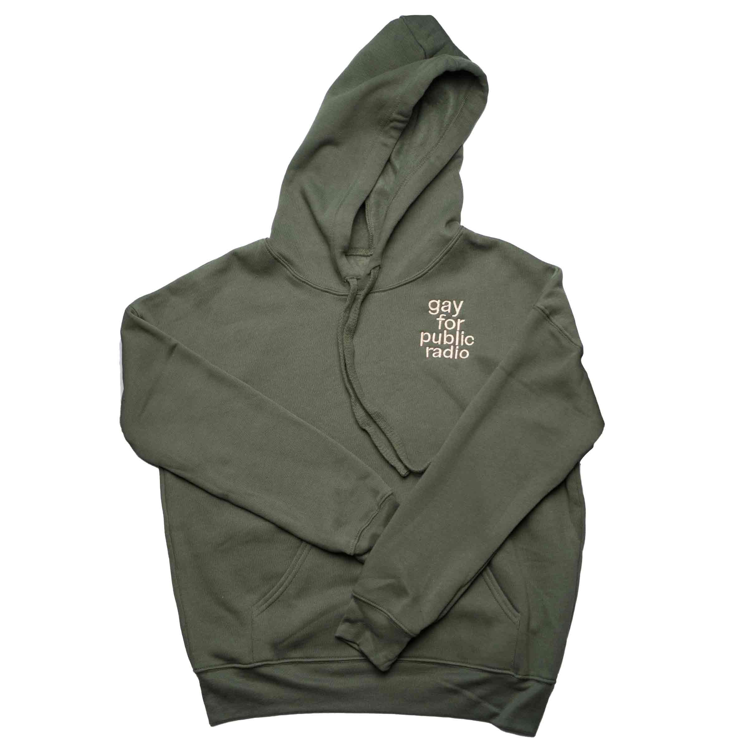 Gay For Public Radio embroidered pullover hoodie in Army — gender neutral queer clothing