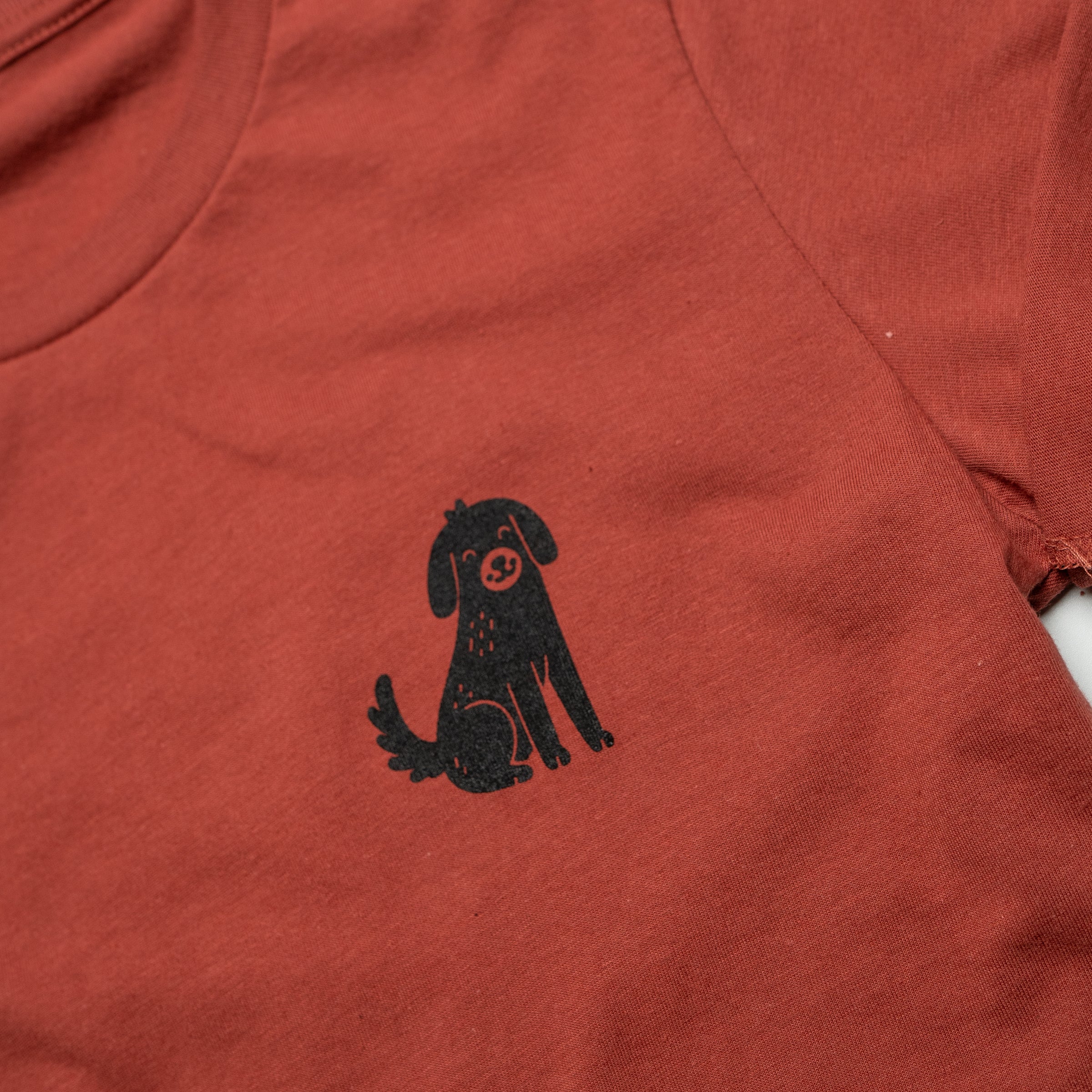Hangs With The Dogs At Parties crew neck Rust front graphic close up — queer gender neutral clothing