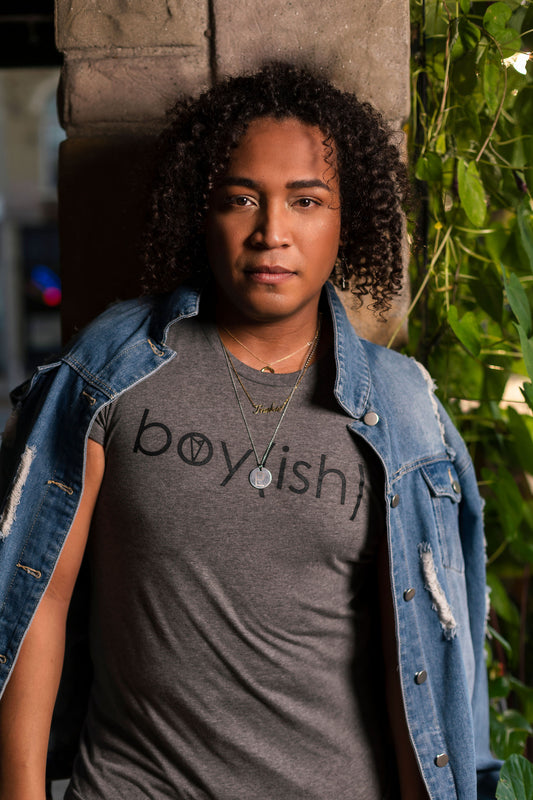 Boy(ish) crew neck tee graphic detail — androgynous queer clothing for non-binary style