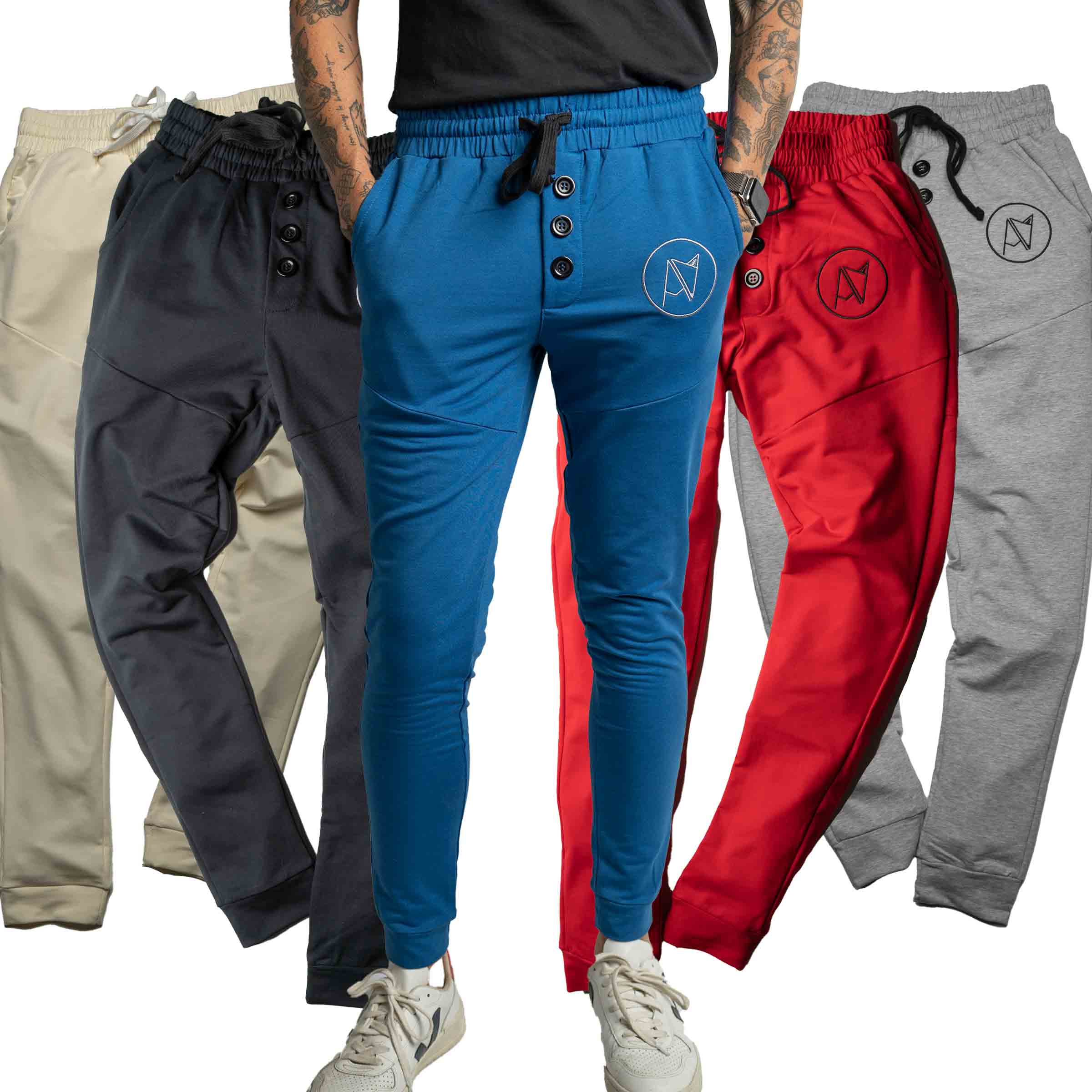Androgynous Fox Jogger Sweats all colorways on model — androgynous pants