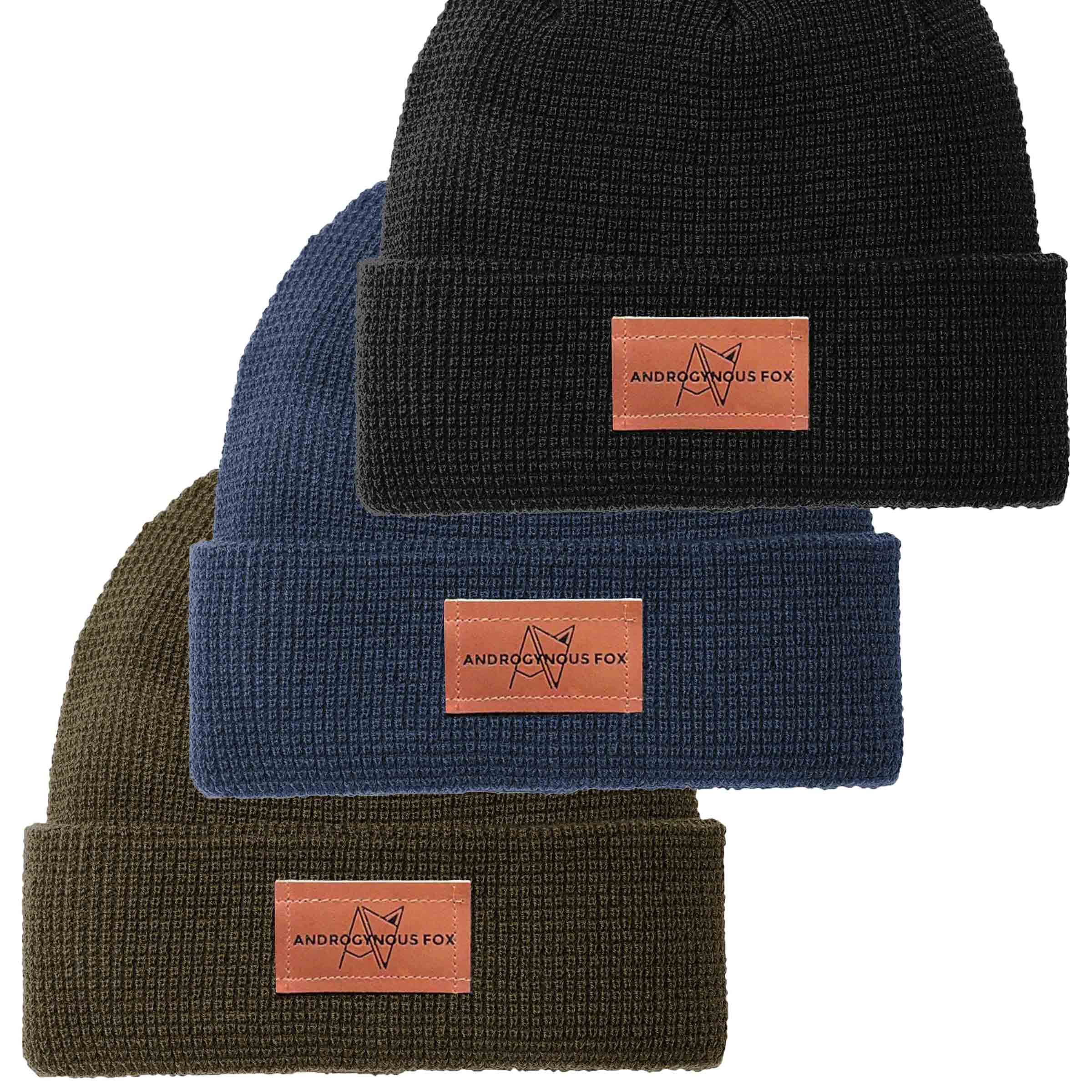 Androgynous Fox Thermal Knit Beanie in Army, Navy and Black — gender neutral LGBTQ+ accessories