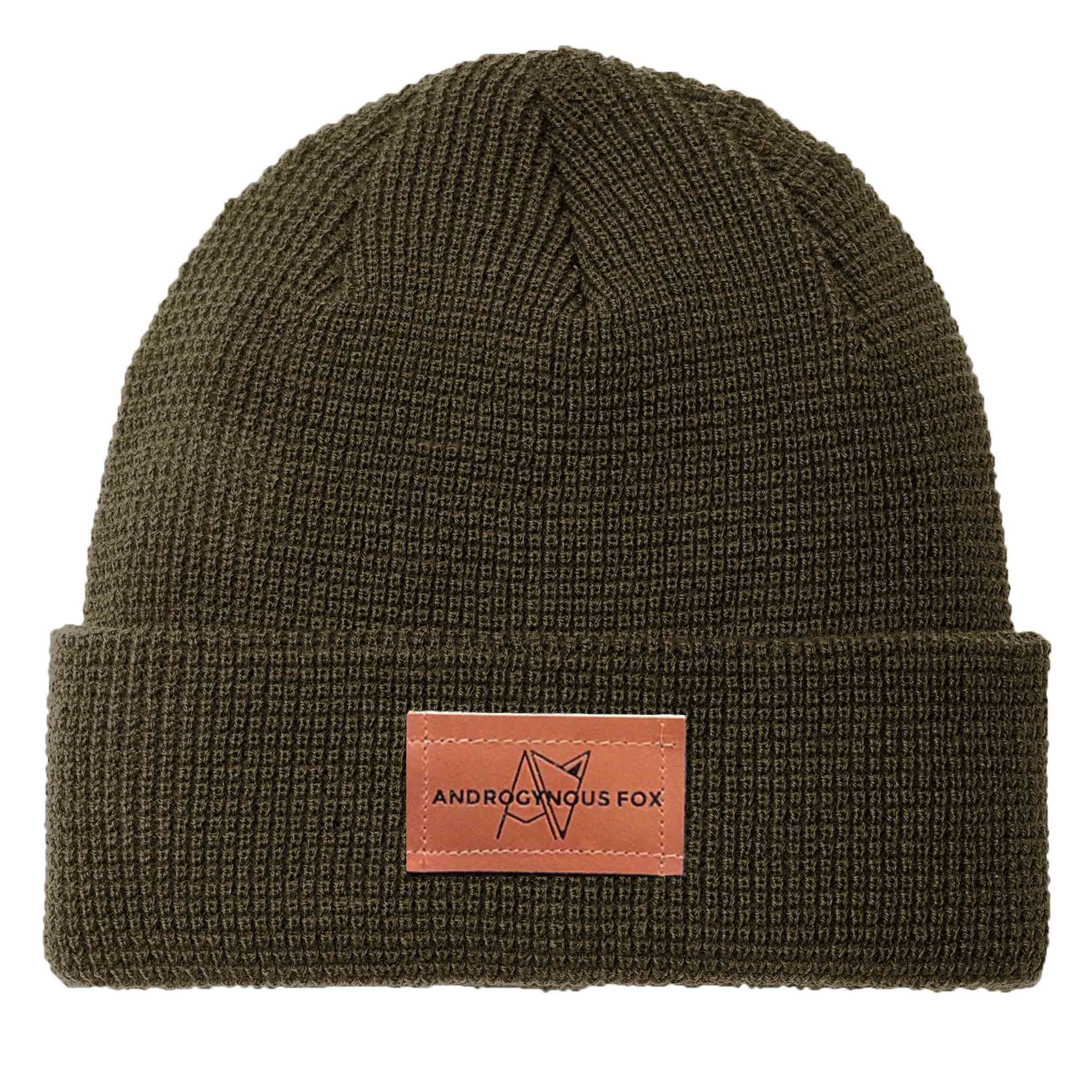 Androgynous Fox Thermal Knit Beanie in Army Green — androgynous gender neutral winter accessory