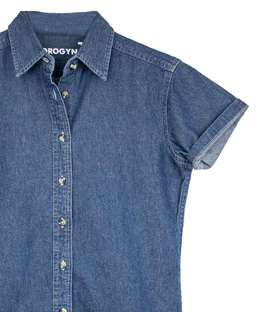 Denim Fox button-up in Deep Denim — non-binary androgynous denim shirt for queer style