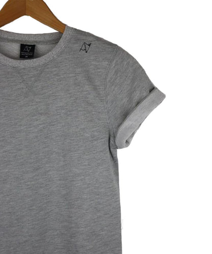 Androgynous Fox short sleeve pullover sweatshirt in grey with small Androgynous Fox badge logo stitched in the top left corner.