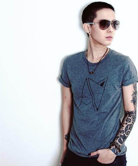 Model wearing grey Androgynous Fox large Logo crew neck with cuffed sleeves