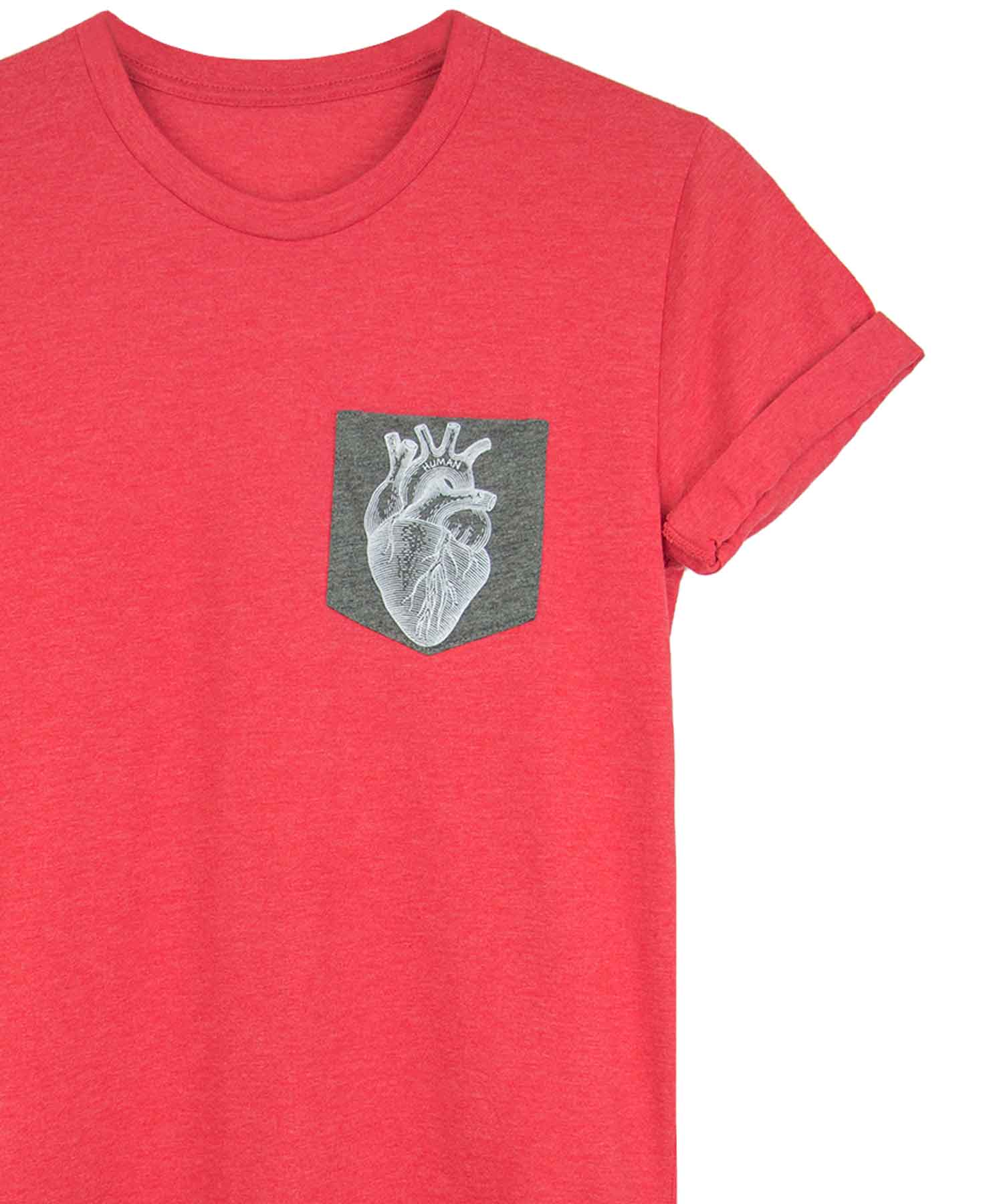 Human Like You fig. 1 pocket tee in Red Heather with anatomical heart — gender neutral queer graphic tee