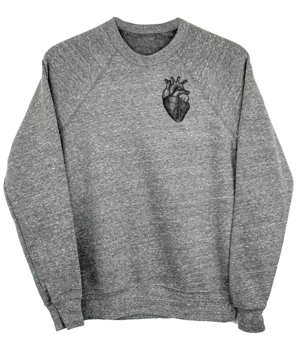 Human Like You fig. 1 pullover sweatshirt in Charcoal with white ink anatomical heart — gender neutral queer clothing