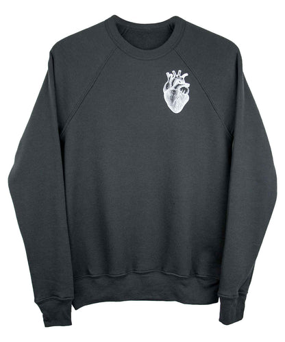 Androgynous Fox charcoal grey pullover sweatshirt with anatomical heart in white ink. 