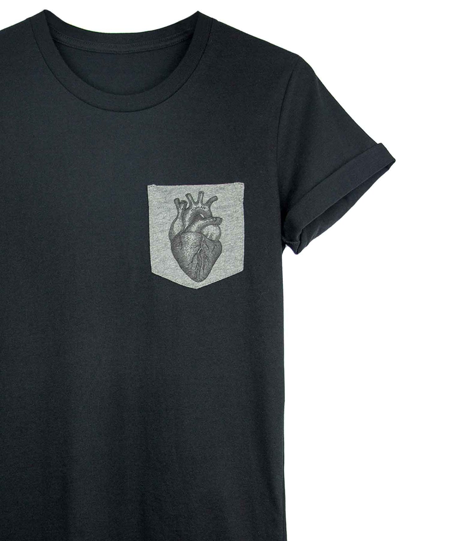 Androgynous Fox black pocket tee with grey pocket featuring an anatomical heart print. 