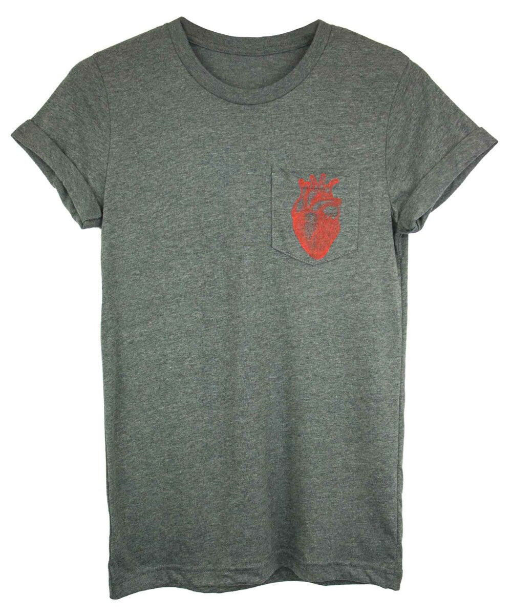Androgynous Fox grey pocket tee with grey pocket featuring an anatomical heart in red print.. 