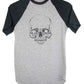 Androgynous Fox short sleeve baseball tee with black sleeves and white body. Skull is printed in black ink.