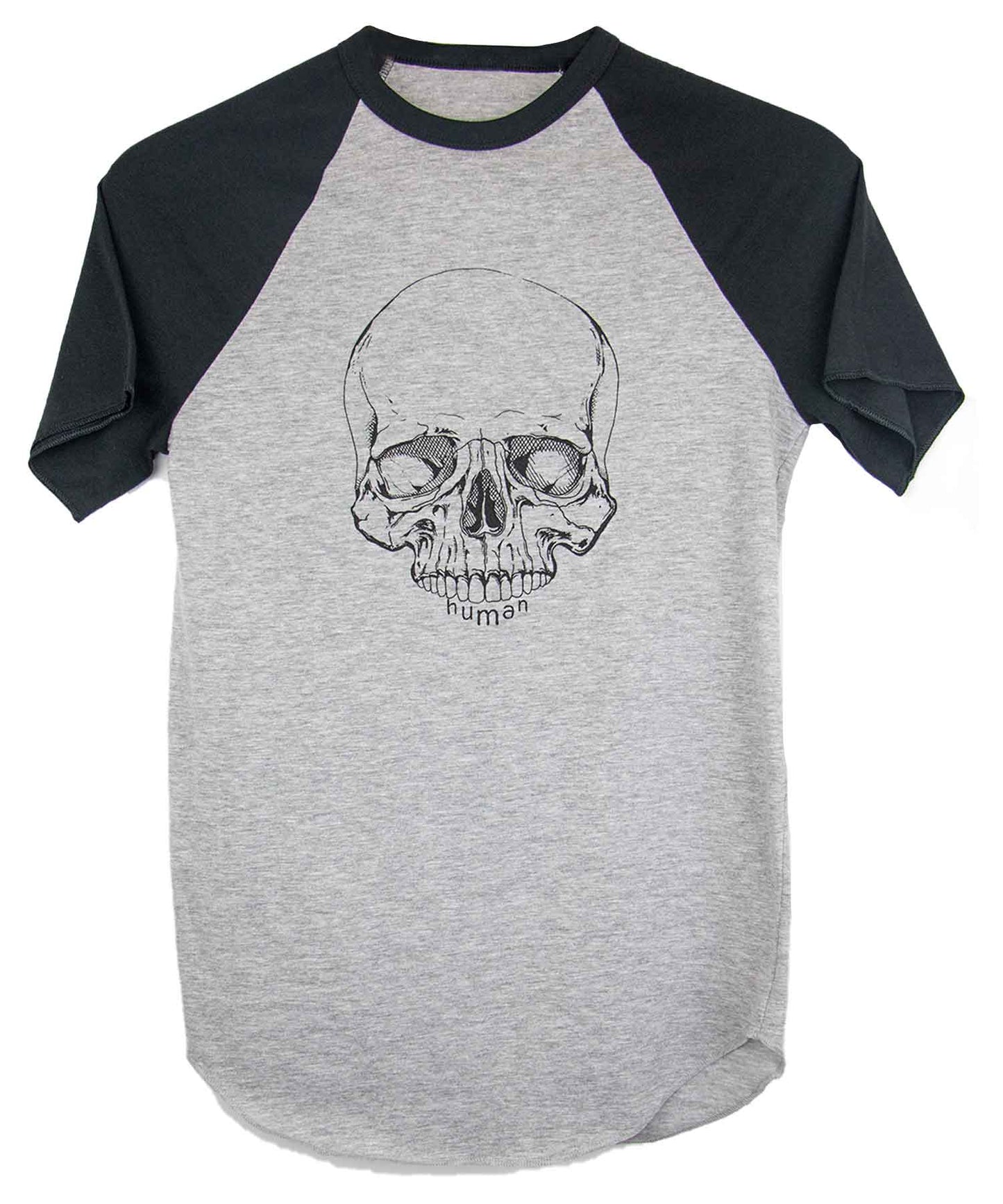 Androgynous Fox short sleeve baseball tee with black sleeves and white body. Skull is printed in black ink.