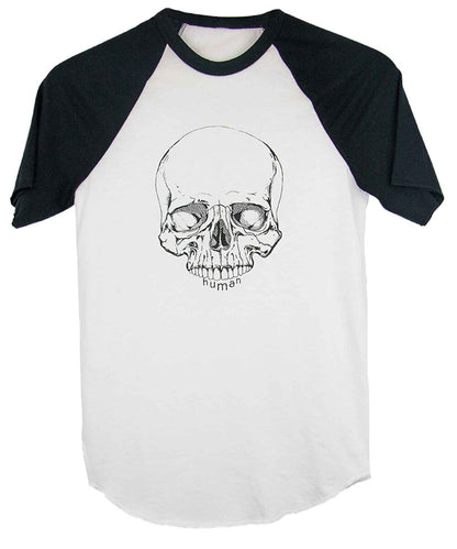 Androgynous Fox short sleeve baseball tee with black sleeves and white body. Skull is printed in black ink.