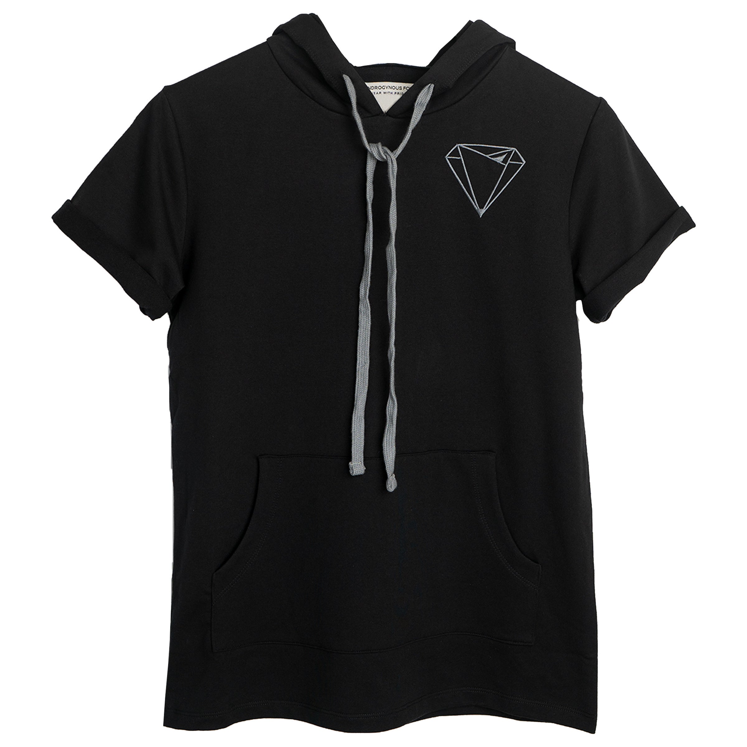 DITR French Terry Short Sleeve Hoodie in Black back view — Androgynous Fox gender neutral hoodie for queer style