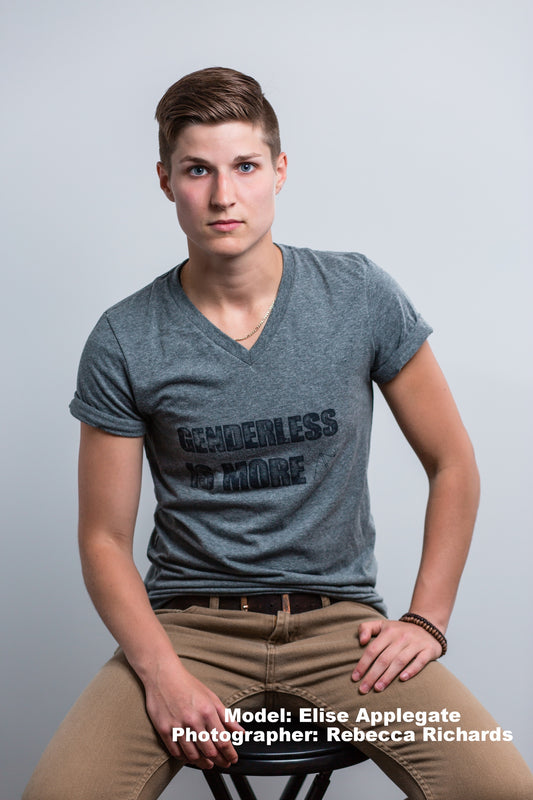 Genderless Is More V Neck in Grey on model — gender neutral queer clothing for non-binary style