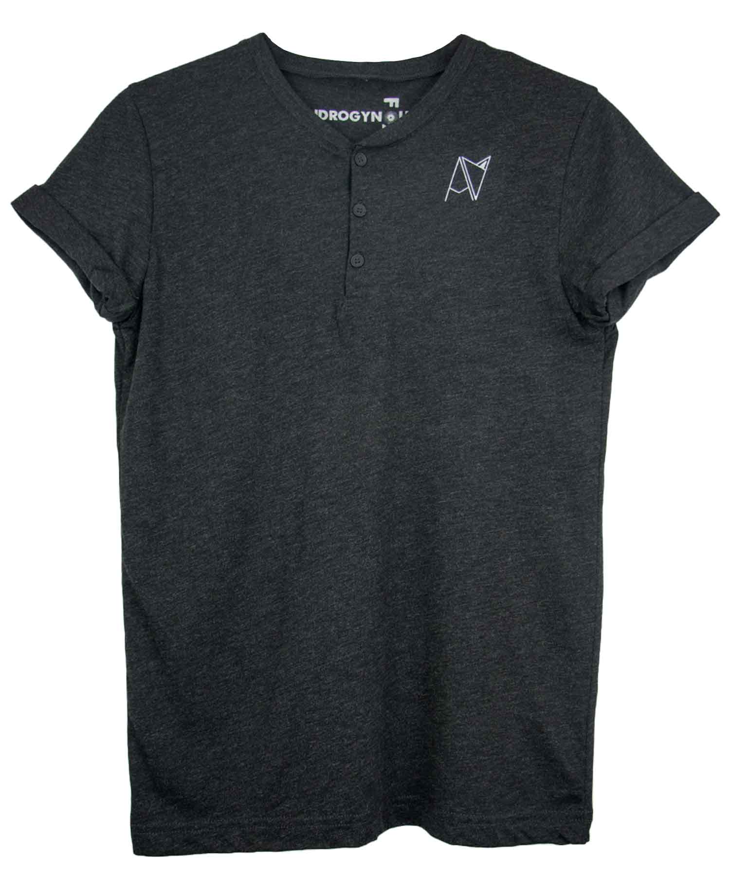 Black triblend henley with cuffed sleeves and Androgynous Fox logo at chest