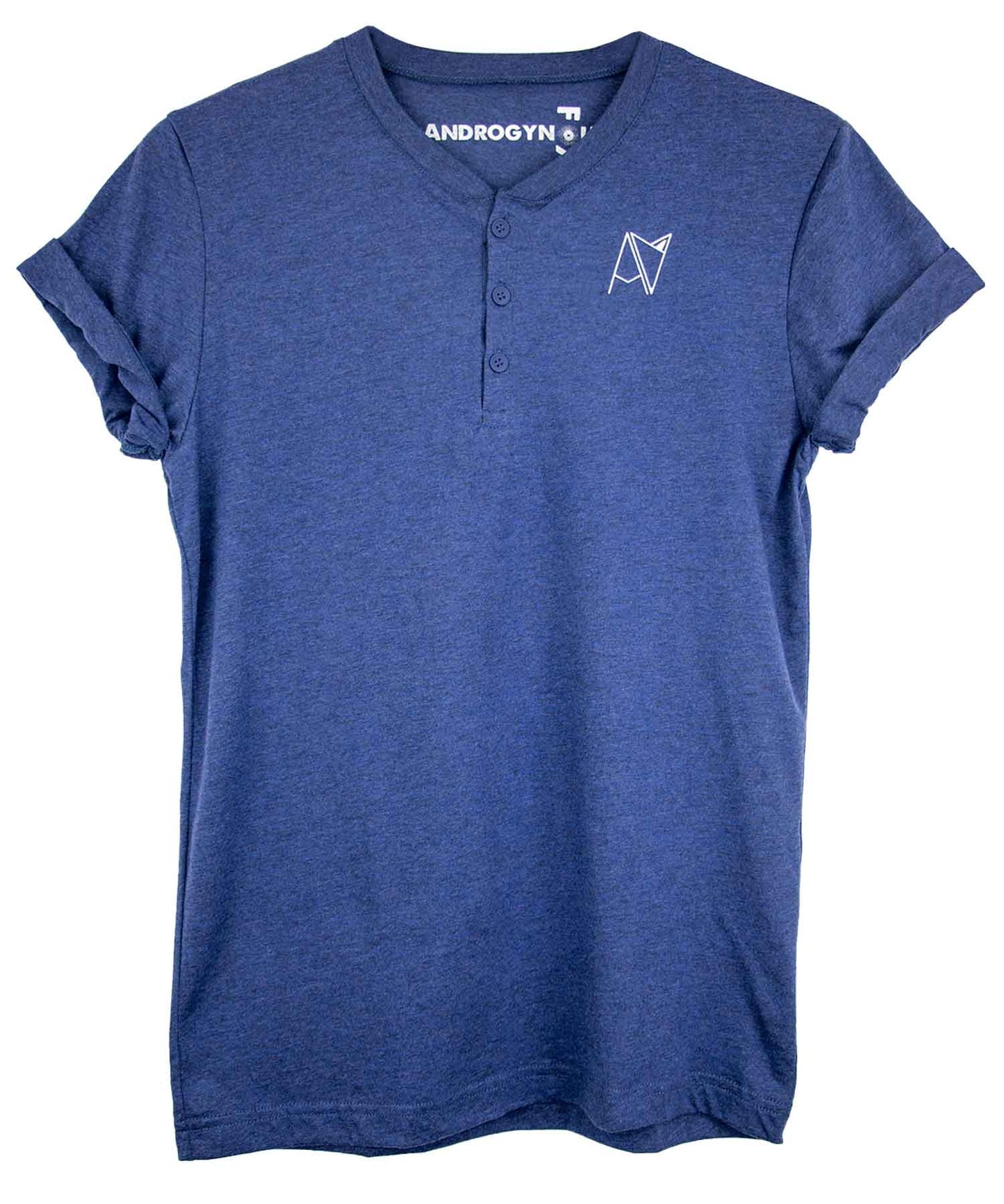 Navy triblend henley with cuffed sleeves and Androgynous Fox logo at chest