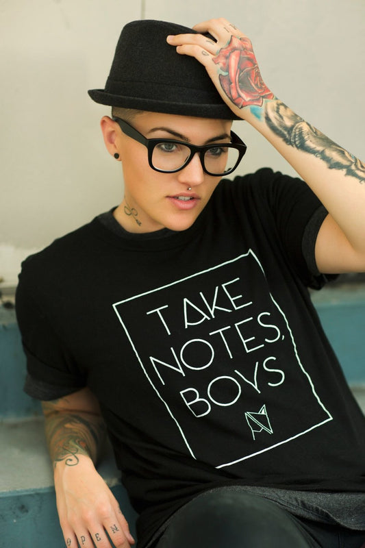 Brook modeling black crew neck "take notes boys" t-shirt by Androgynous Fox. 
