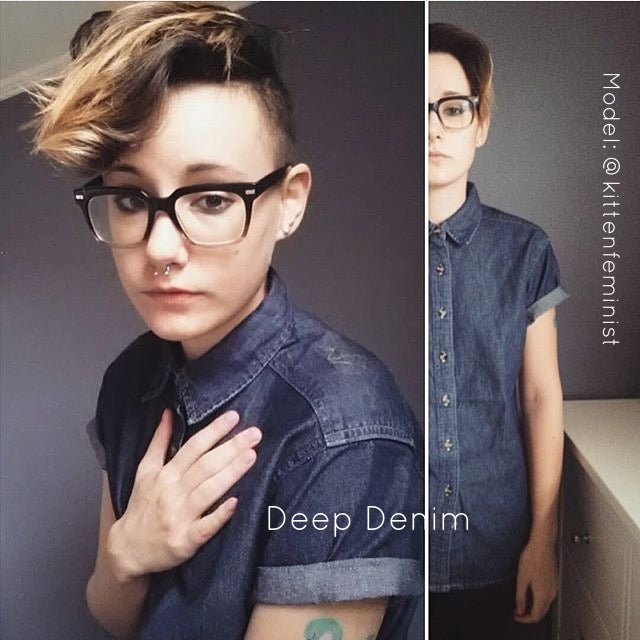 Denim Fox button-up styled — androgynous denim clothing for non-binary and butch style