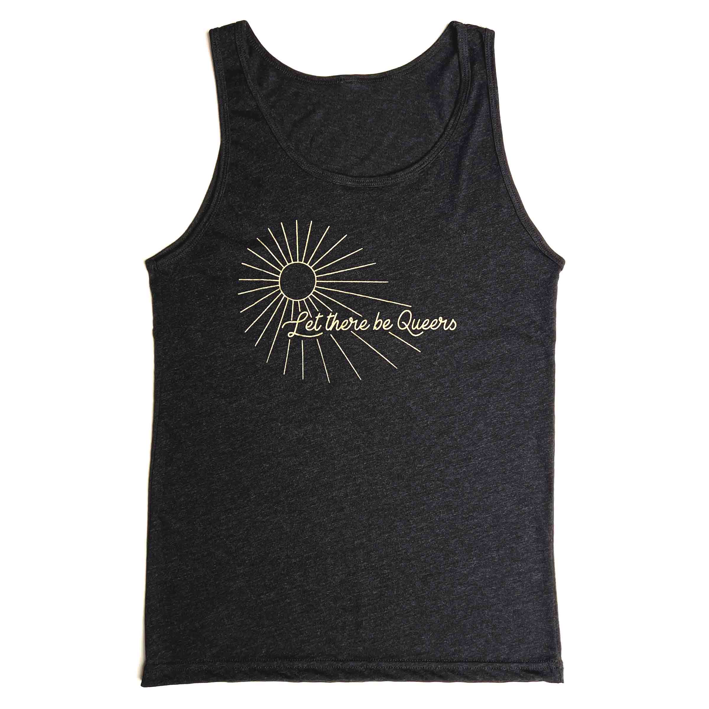 Let There Be Queers gold ink tank top detail — LGBTQ+ gender neutral queer clothing
