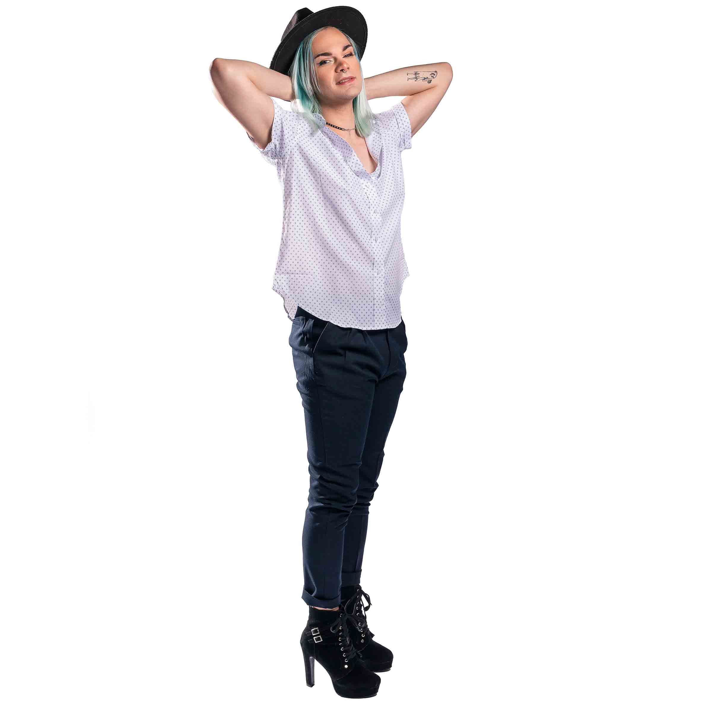 Pleated Slim Pant detail — Androgynous Fox androgynous pants