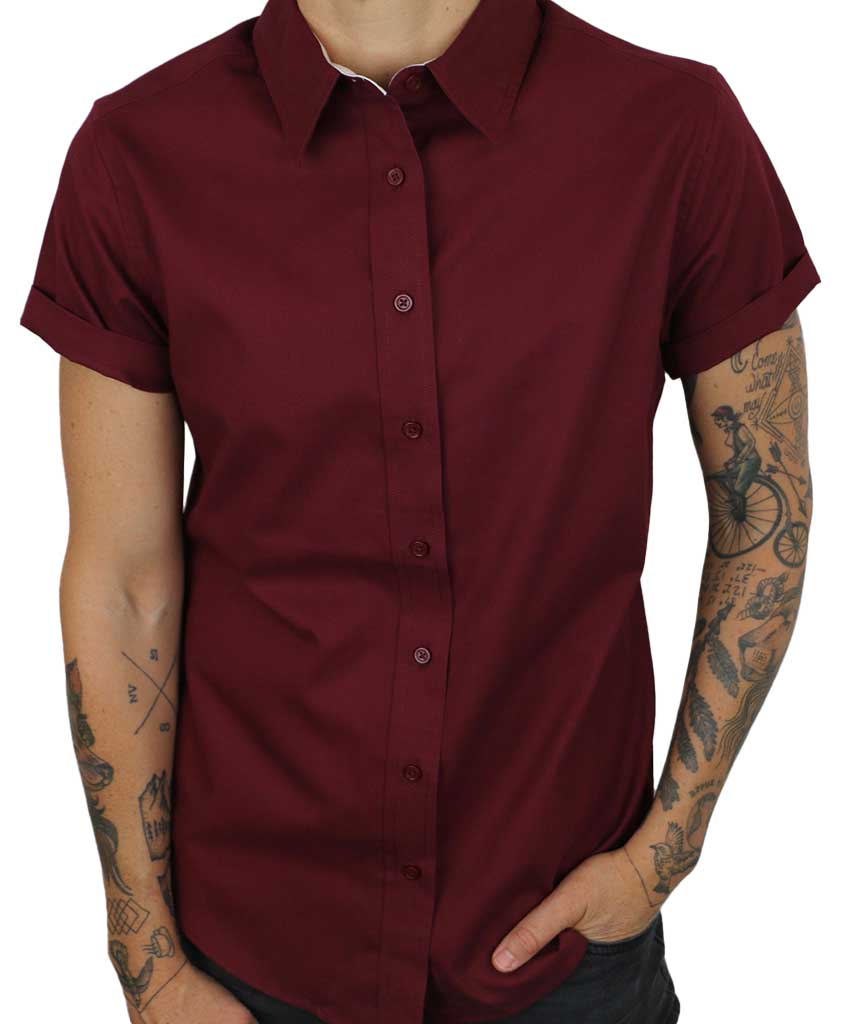 Red Swift fox short sleeve button up with cuffed sleeves by Androgynous Fox