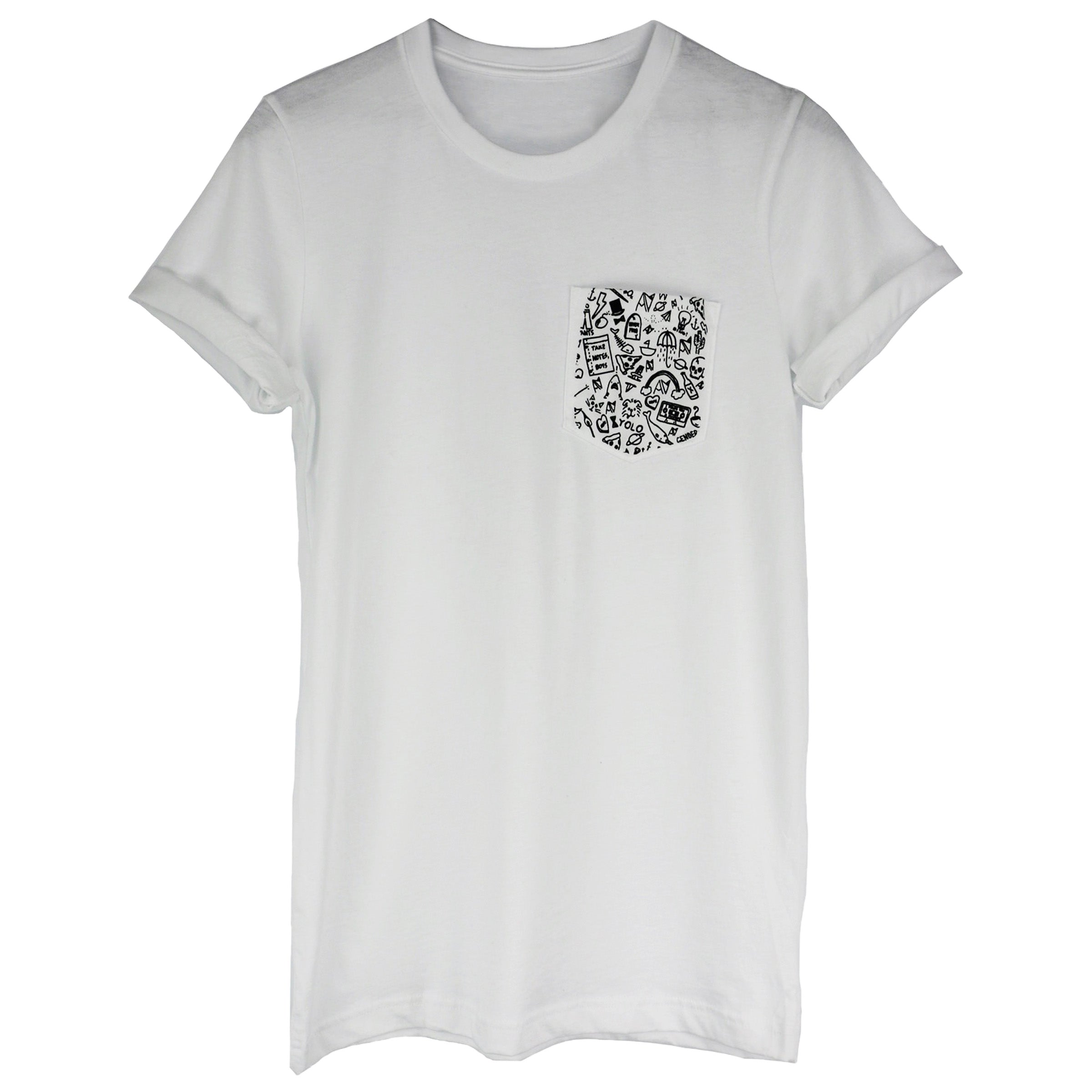 Stick N' Poke pocket tee graphic detail — gender neutral queer clothing for androgynous style
