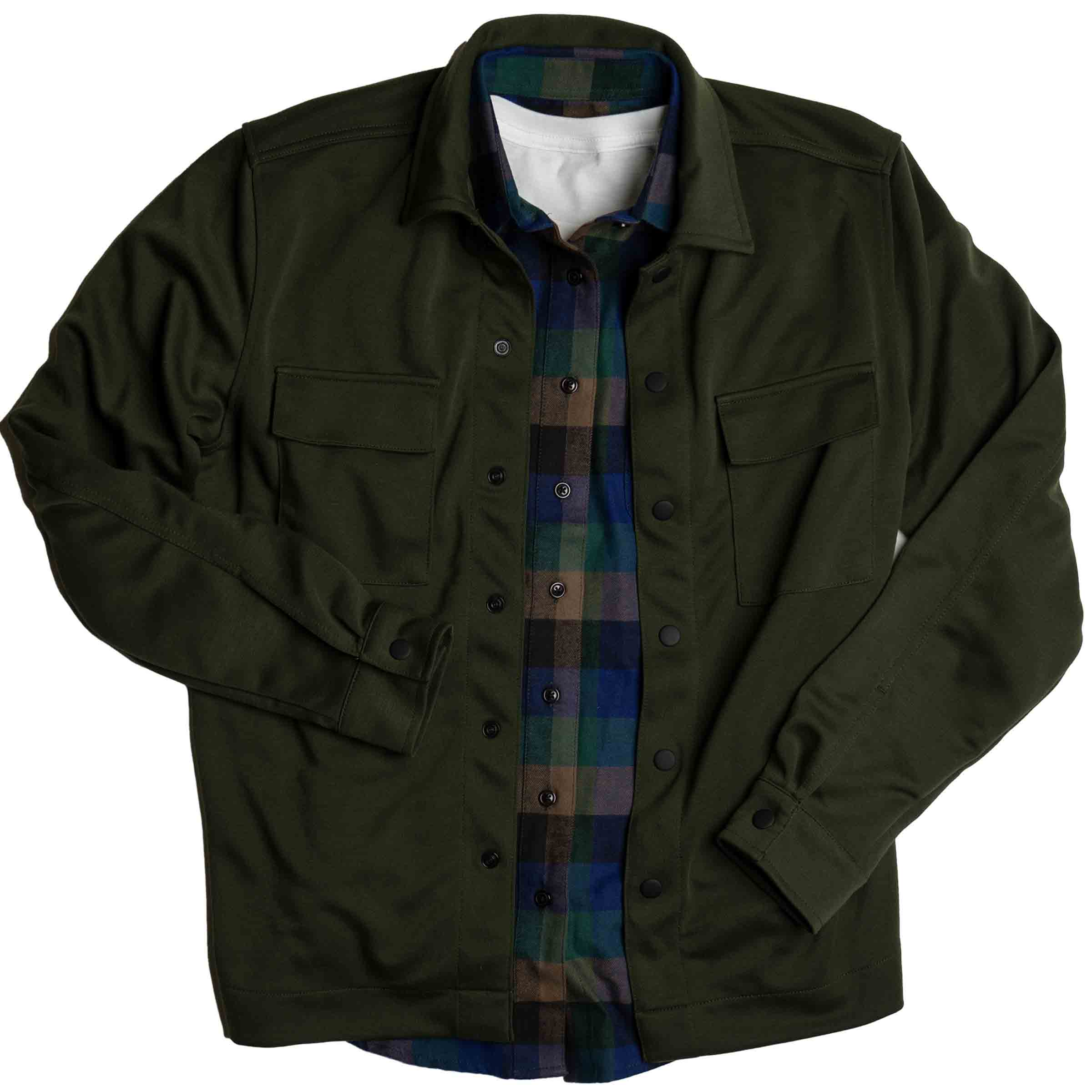 AF Shirt Jacket in Army layered — gender neutral queer outerwear for transmasc style