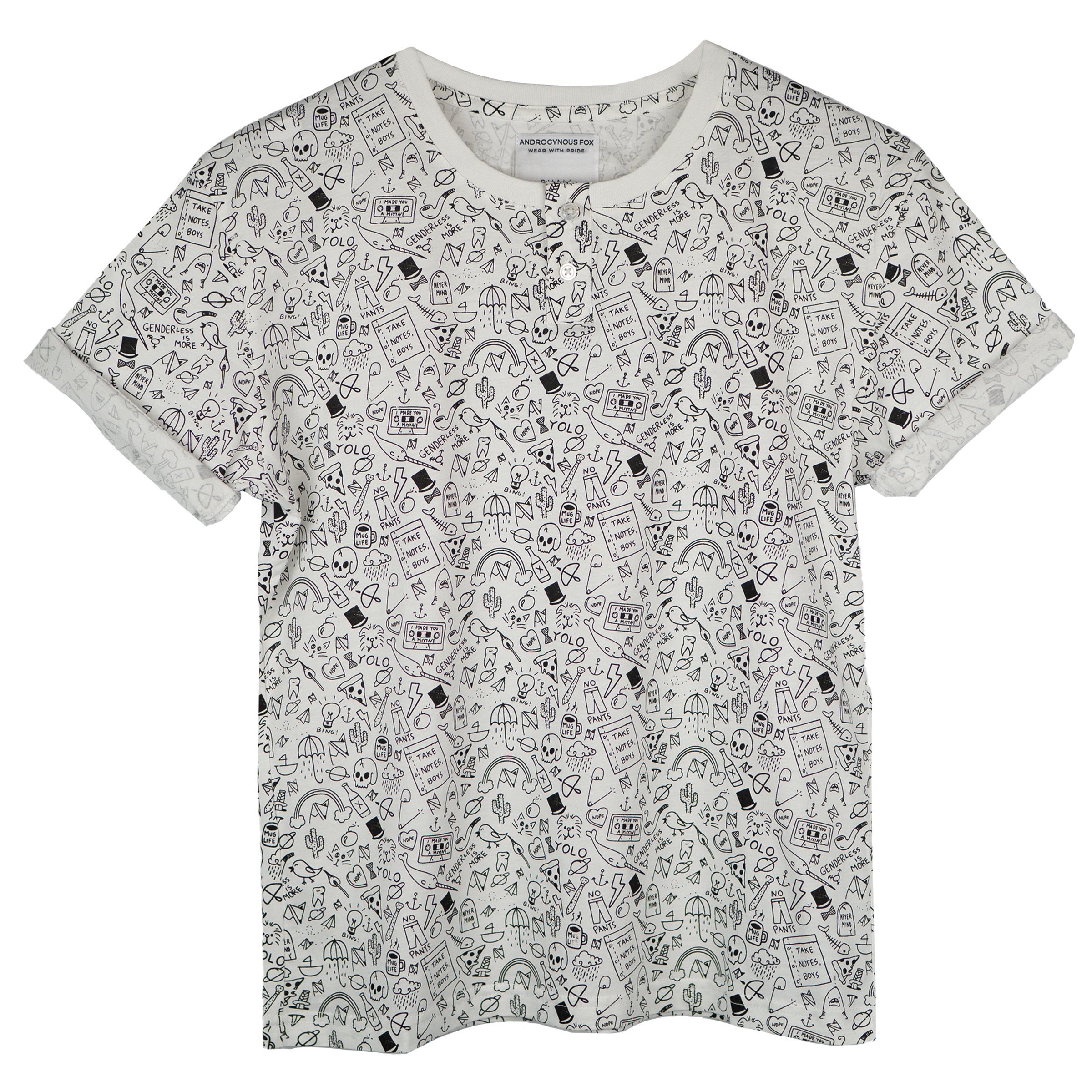 AF Mid-Length Henley in Stick N Poke graphic — gender neutral queer androgynous clothing