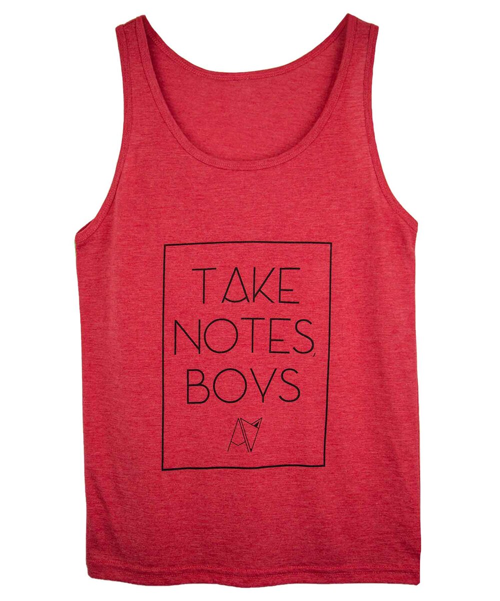 Take Notes Boys tank top in Red Heather — androgynous queer gender neutral graphic tank