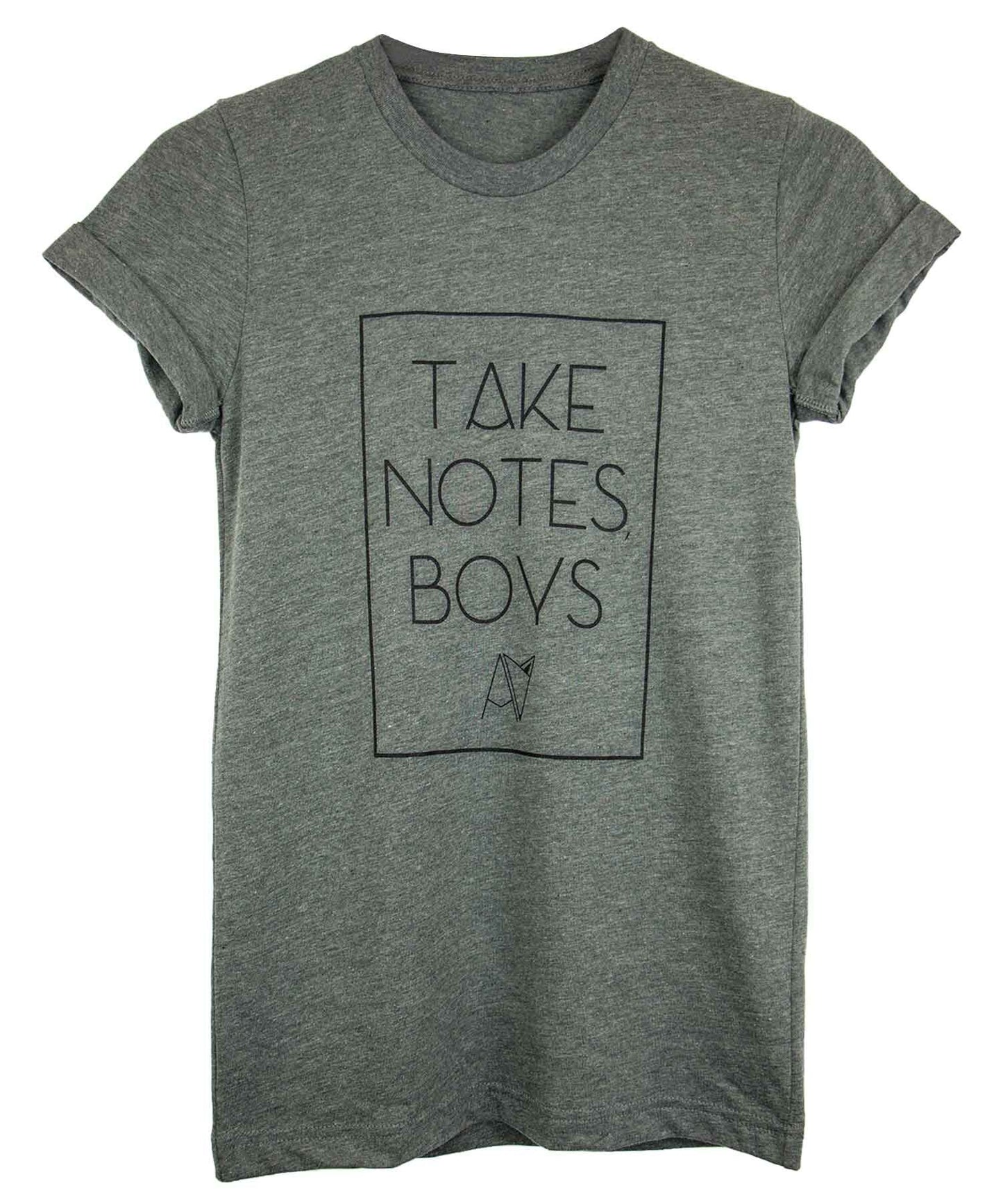 Grey crew neck "take notes boys" t-shirt by Androgynous Fox. 