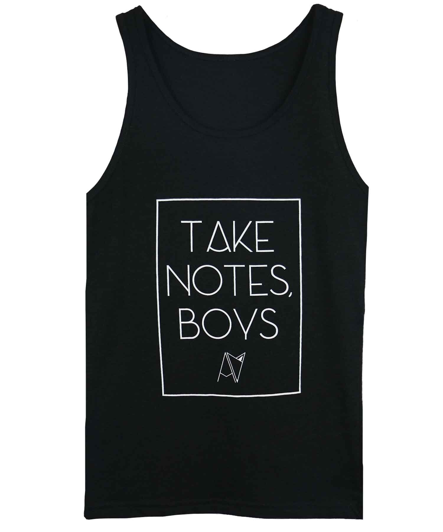 Take Notes Boys tank top flat lay — gender neutral queer clothing for non-binary style