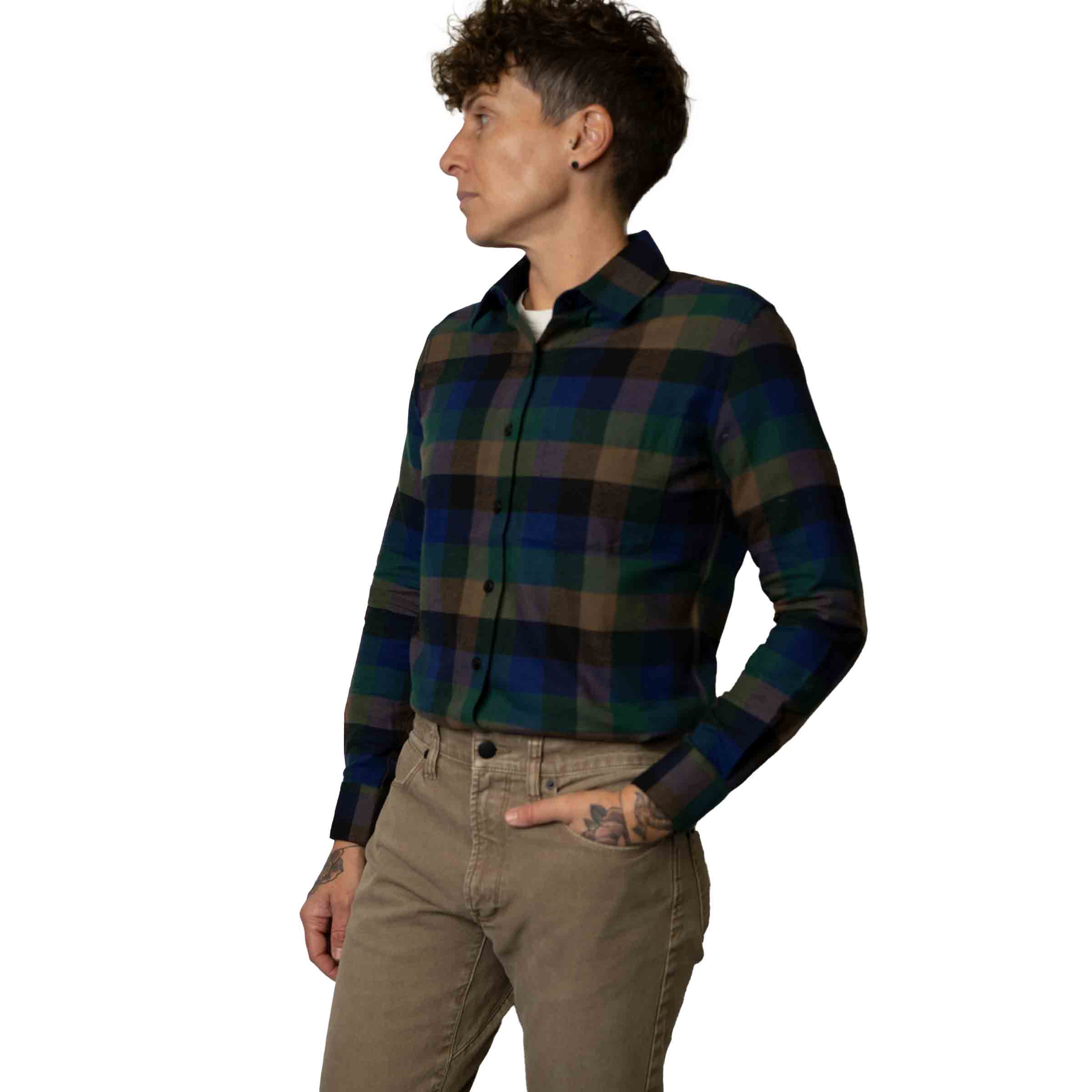 Tailored Flannel in The Ellison on model — Androgynous Fox androgynous button up shirt