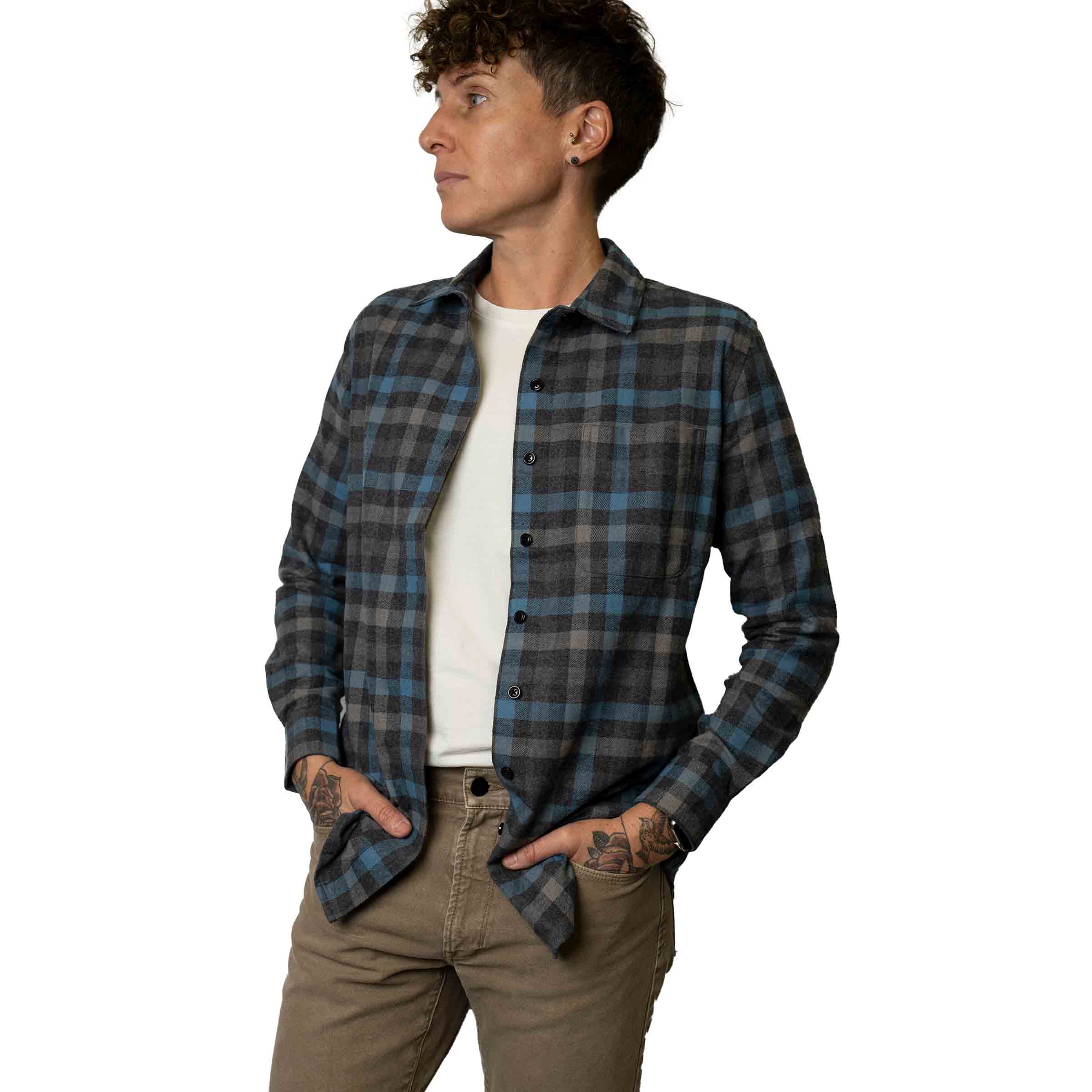 Tailored Flannel in The Flynn on model — Androgynous Fox androgynous button up shirt