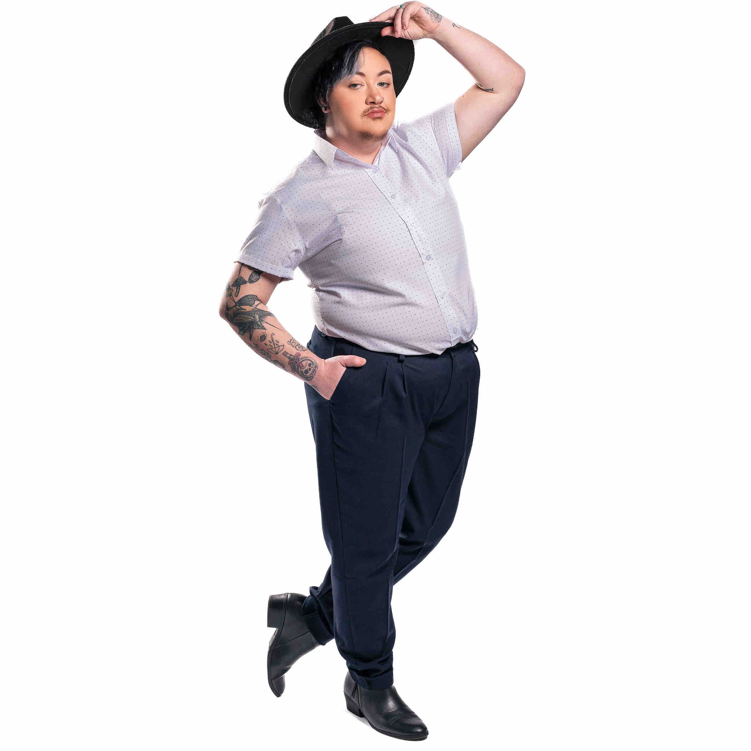 The Mickey Short Sleeve Button Up styled with pleated pants — Androgynous Fox androgynous button up shirt