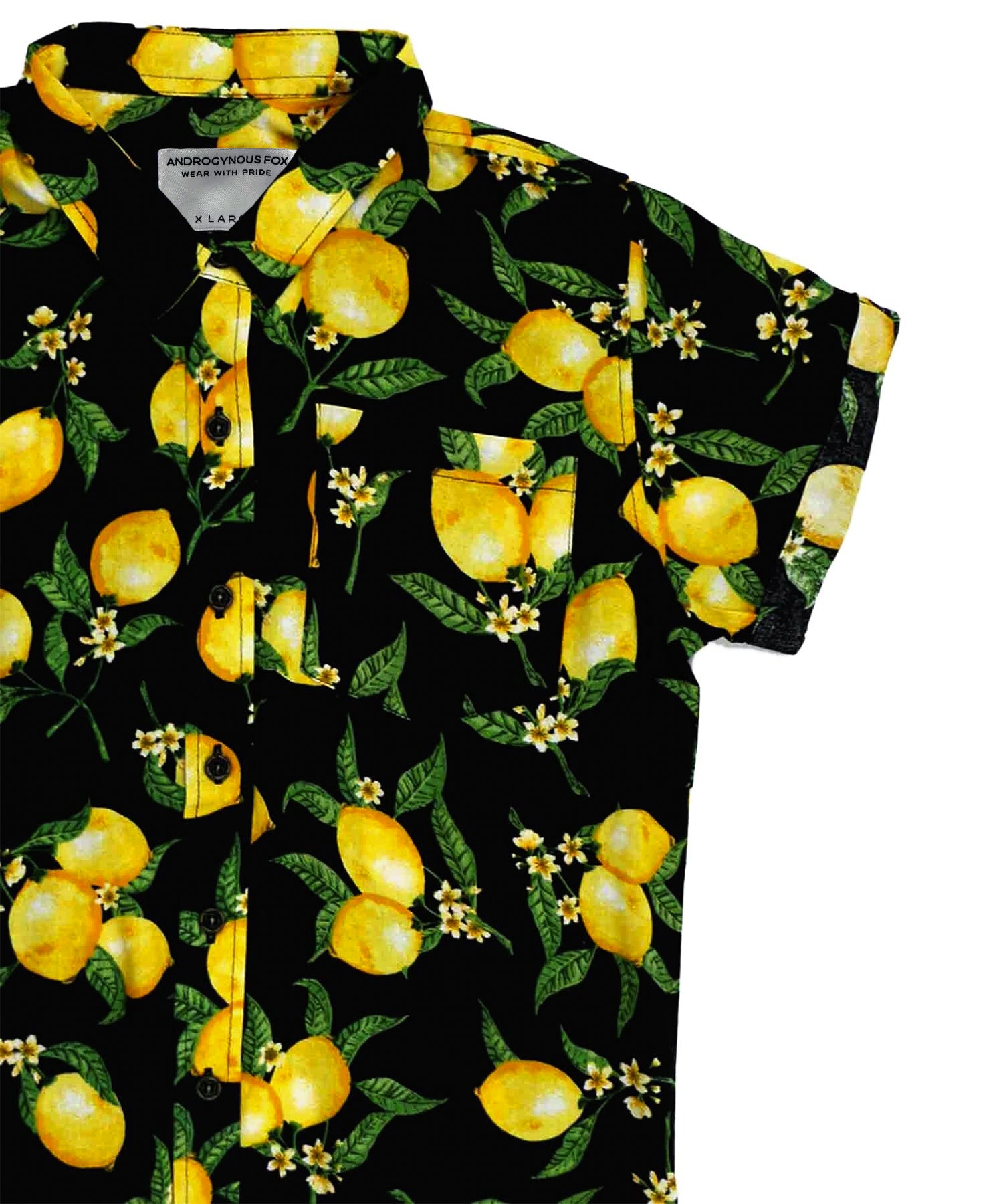 Androgynous Fox 'zinger' button-up with lemon print. 