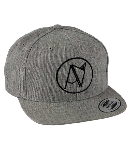 Grey snap back hat with embroidered Androgynous Fox logo